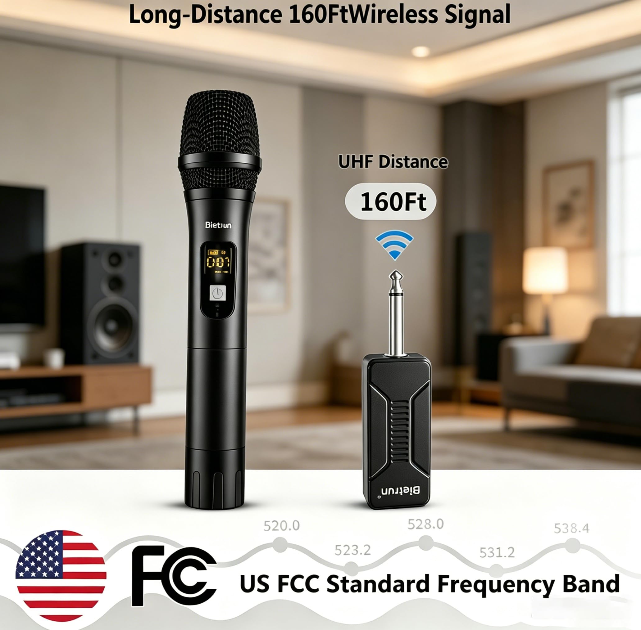 Bietrun Microfono wireless, microfono dinamico con ricevitore ricaricabile, connessione automatica, design interamente in metallo, portata di 48,8 m, microfono senza fili per karaoke, altoparlante