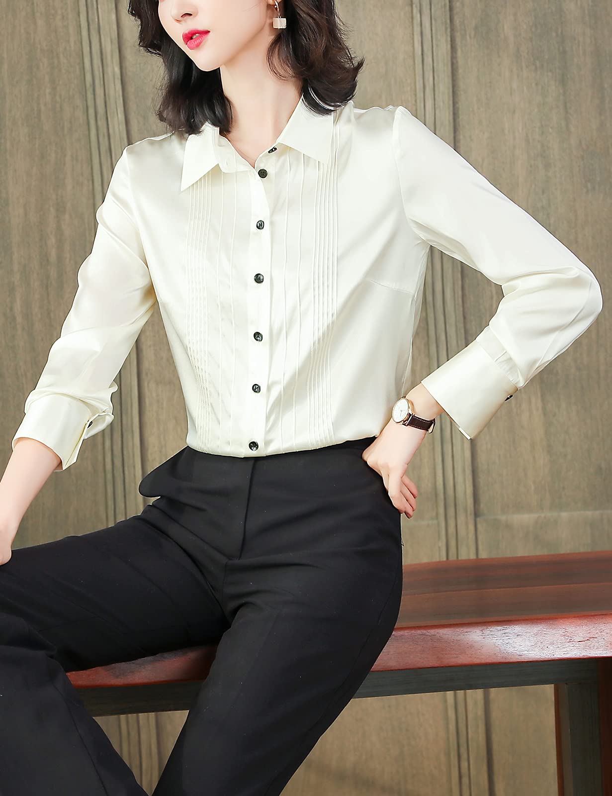 Valin Blusa de seda para mujer Camisa Sólido Botón Abajo Camisas Blusa de Mujer Manga Larga Solapa Blusa de Seda,S6619