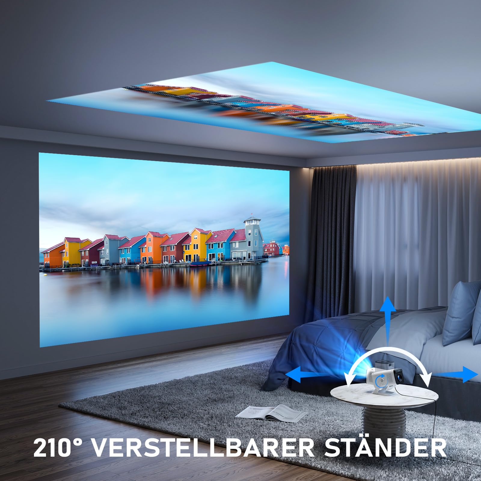 [Mini Beamer & Offizielle Lizenzierte App] XuanPad Weiß Smart Beamer 4K Unterstützung 25000 Lumen mit WiFi und Bluetooth, Tragbarer Native 1080P Outdoor Projektor mit 360° Ständer