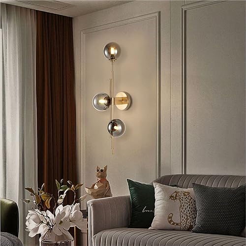 Miniatura 6 de BOKT Lámpara de pared moderna de 3 luces para interiores de mediados de siglo, lámpara de pared de vidrio gris ahumado posmoderno, latón cepillado