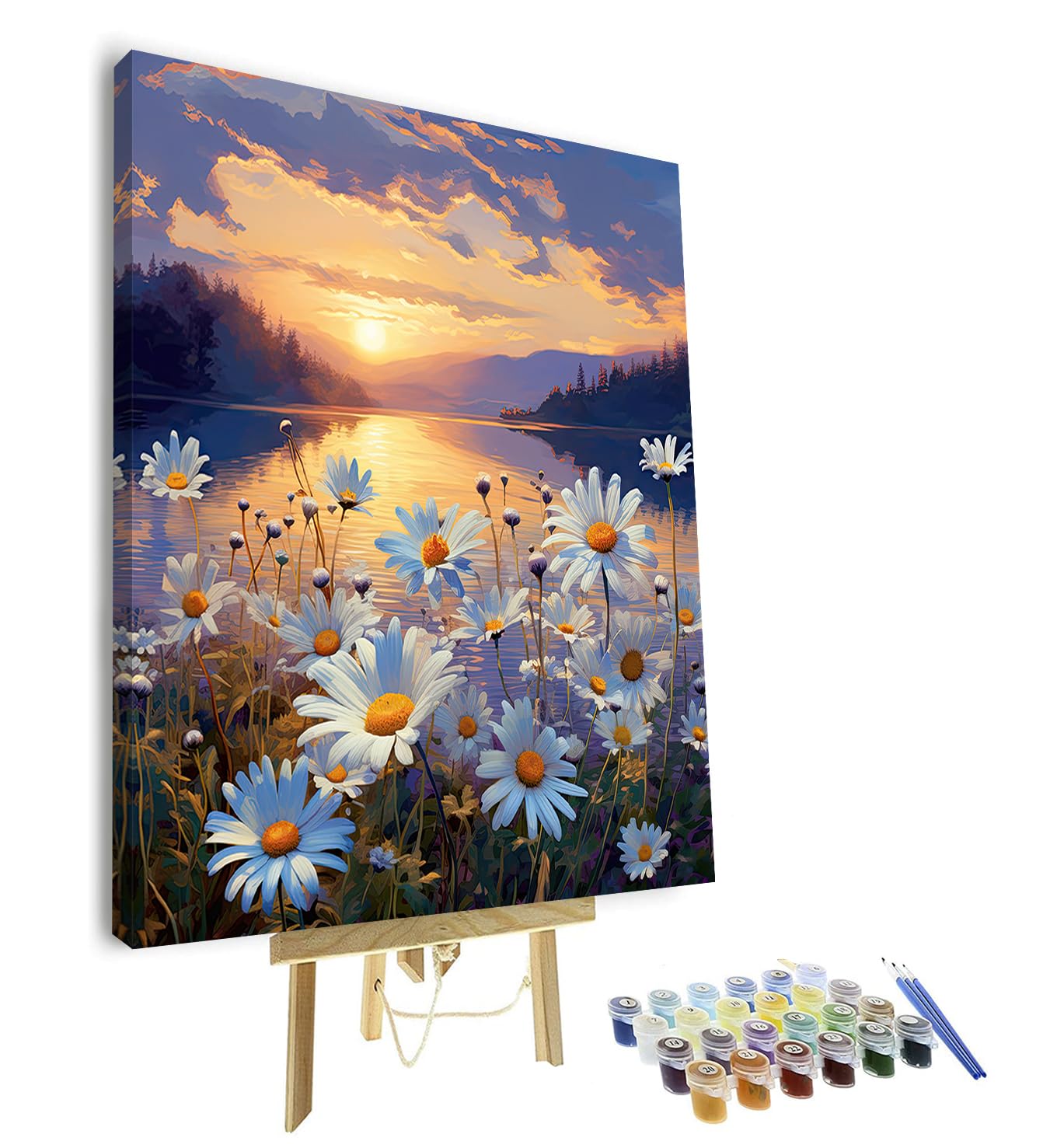 TISHIRON Paint by Number for Adult, Daisies Paint by Numbers, Sunset by The Lake Adult Paint by Numbers Kits on Canvas, 16X20 Inch Daisies Paint by Numbers for Adults Beginner Framed
