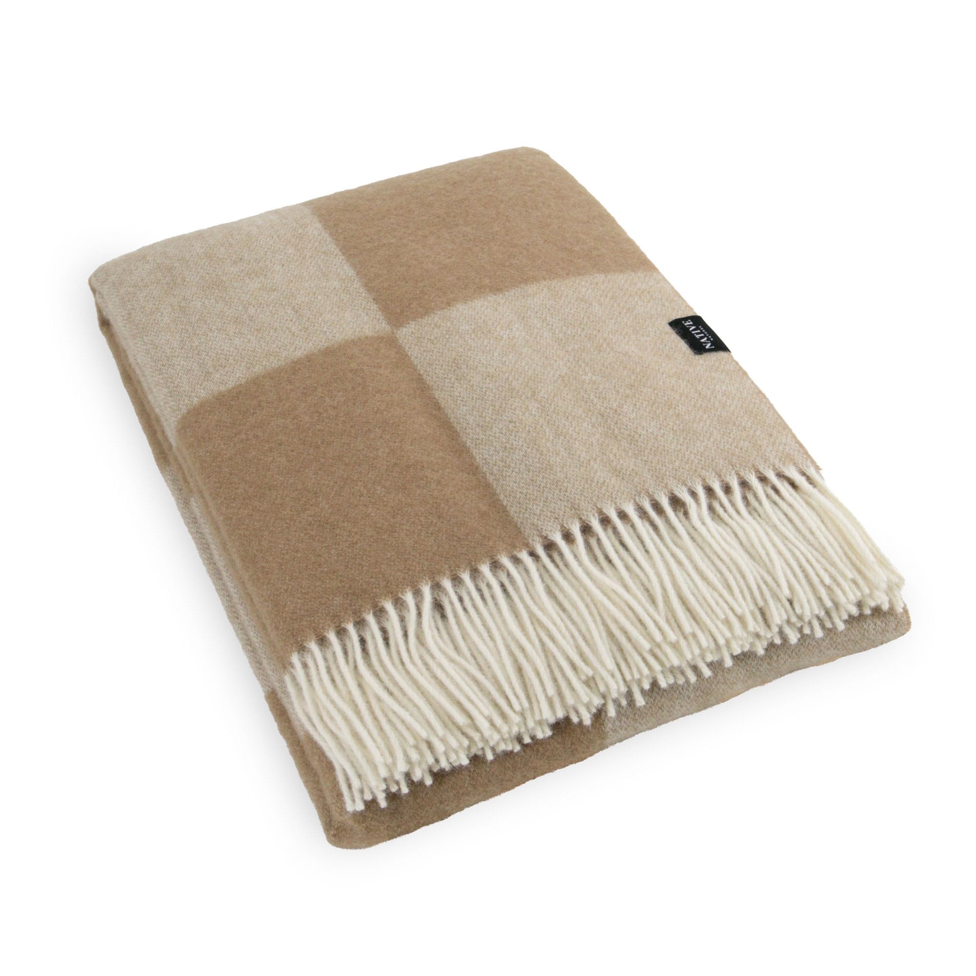 Simply Sheepskin Checkerboard Beige Wool Blanket - Wool Blanket - Jacquard Woven - New Zealand Wool Throw 140X200 Cm