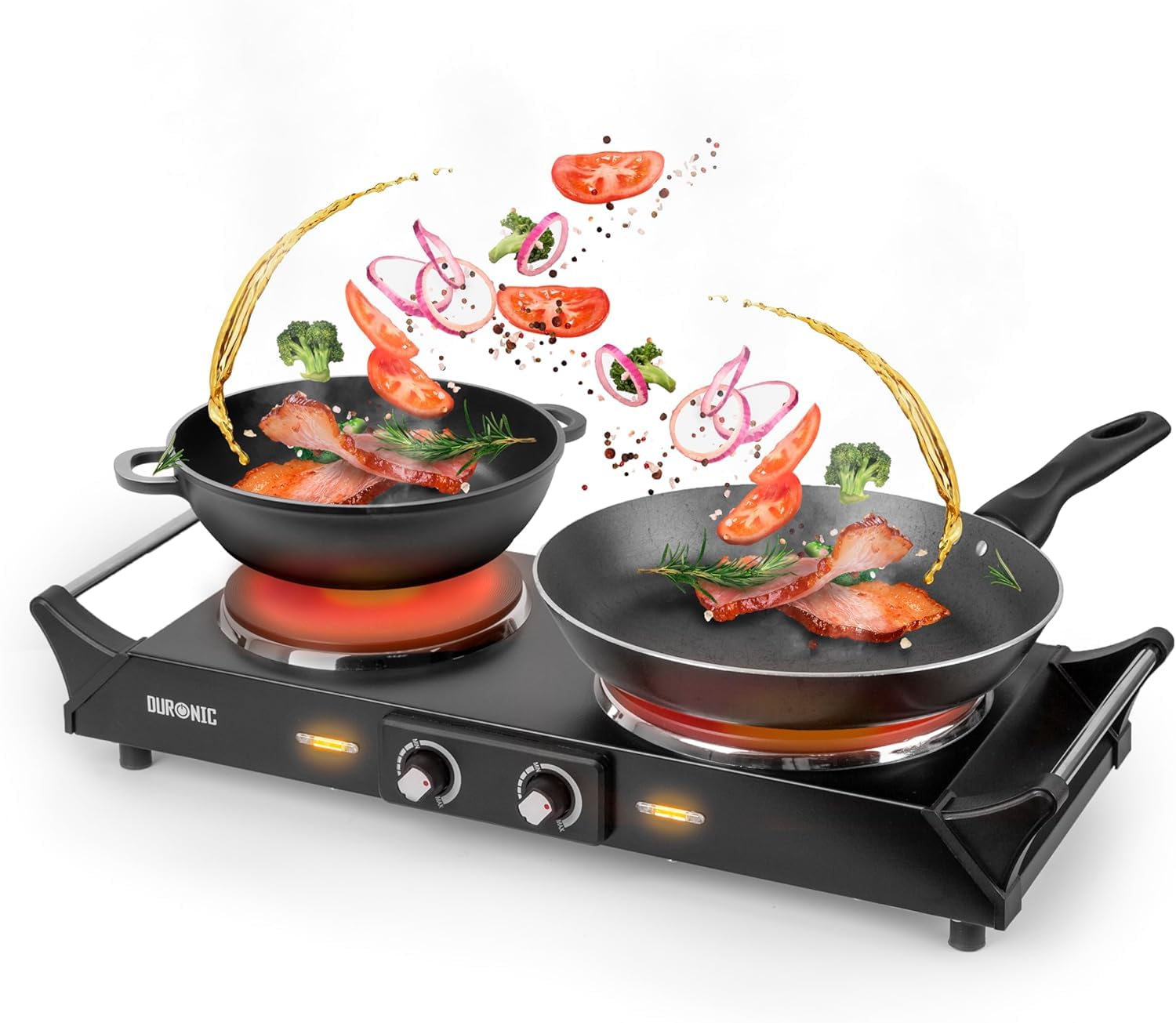 Duronic HP2 BK Fornello Elettrico 2500W 2 Piastre in Ghisa 2 Fuochi Nero | Temperatura regolabile, manici per il trasporto, piano cottura portatile, ideale per campeggio, casa, ufficio e cucina