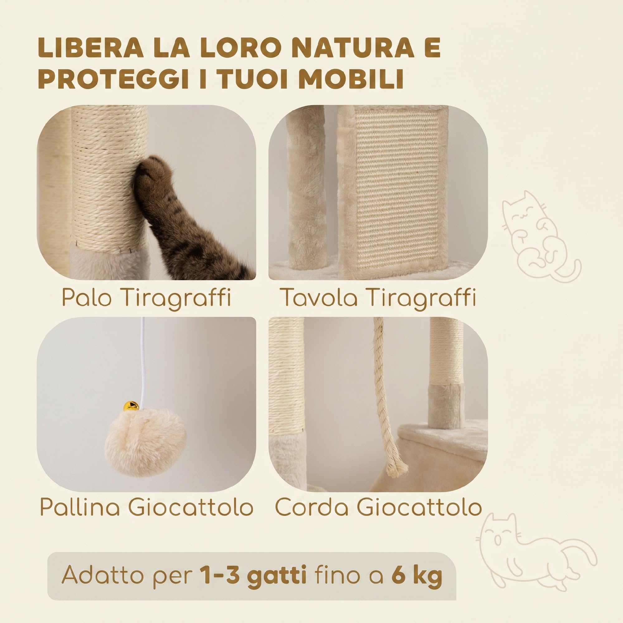 PawHut Tiragraffi per Gatti 206cm con 4 Pali Graffiatoi, Beige