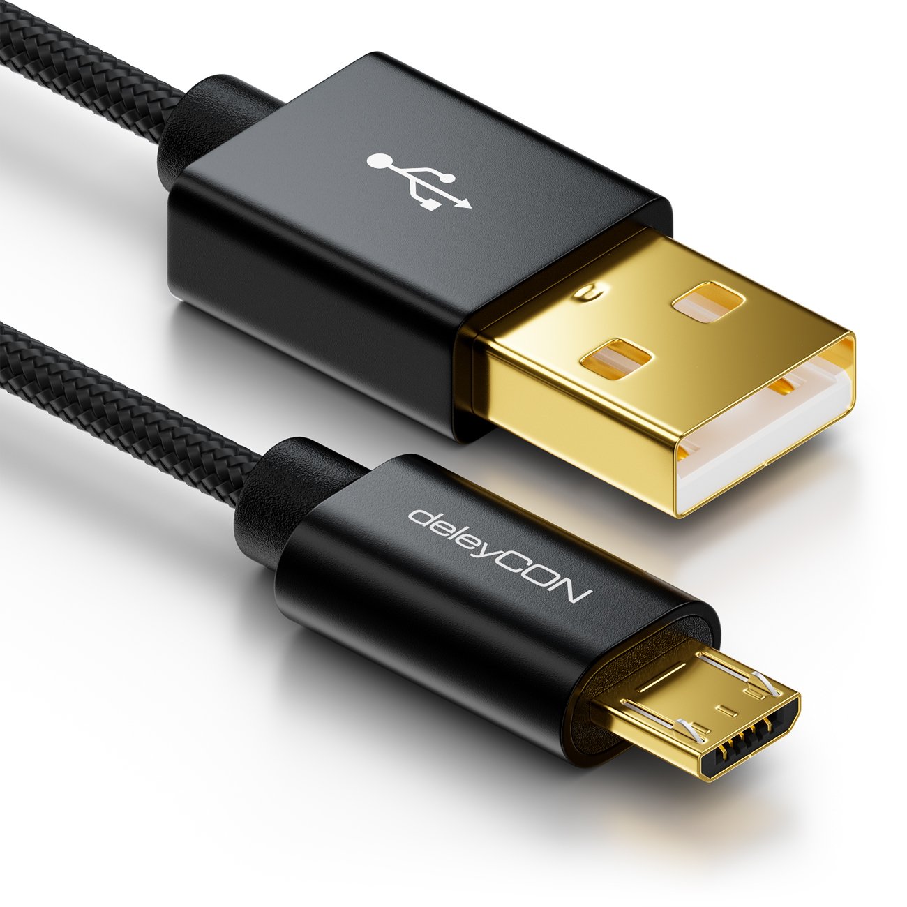 deleyCON Micro USB Kabel 0,5m Nylon + Metallstecker - Ladekabel Datenkabel Schnellladekabel - Smartphone Tablet PC Laptop Notebook - Schwarz