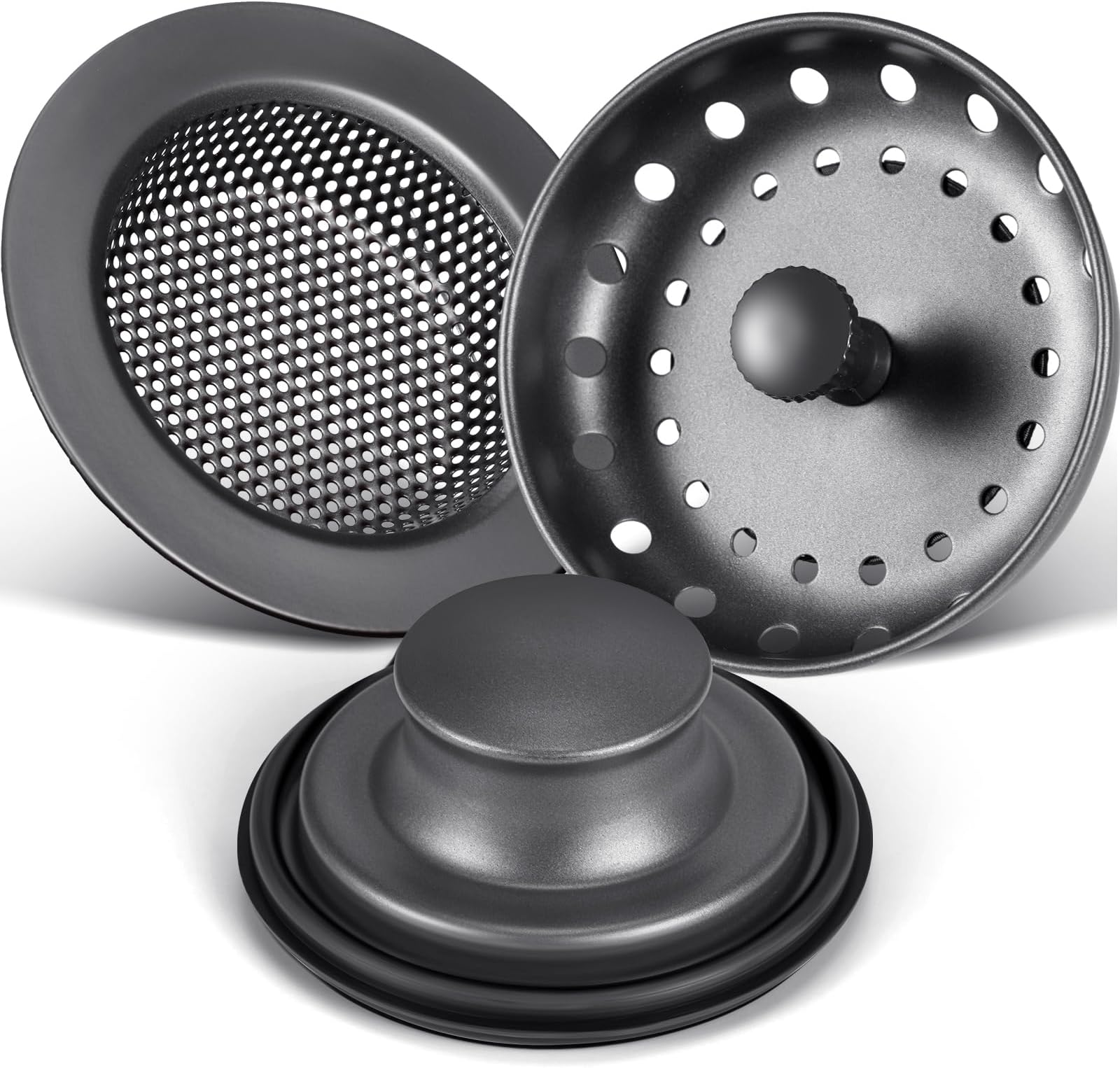 Mudder3 Pcs Kitchen Sink Drain Strainer and Stopper Stainless Steel Garbage Disposal Plug with Handle Universal Anti-Clogging Kitchen Sink Filter Sieve Basket Strainer(Graphite Gray)