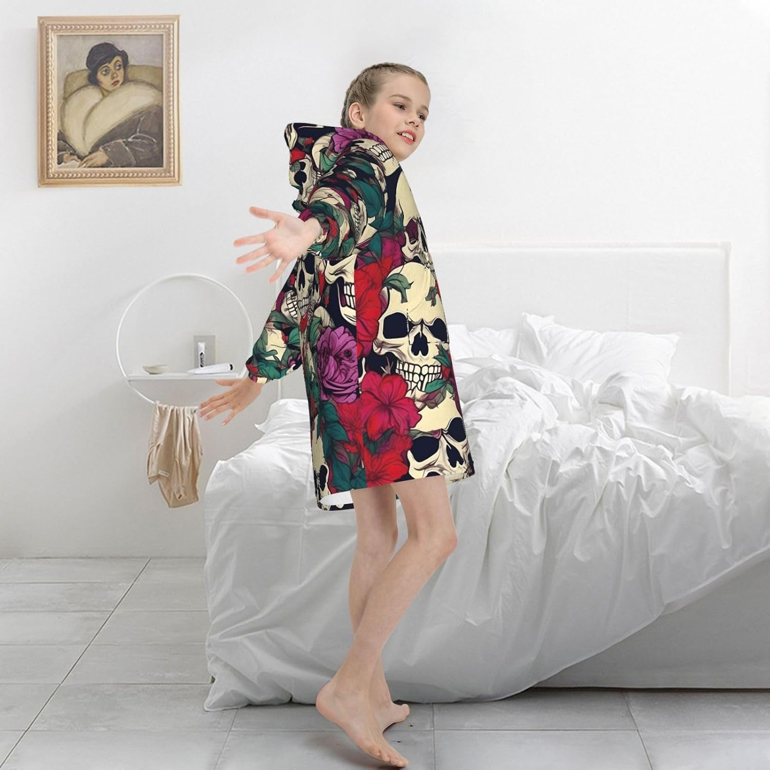 Floral Skulls Print Oversized Blanket Hoodie, Wearable Blanket Hooded,Hooded Pullover With Pocket