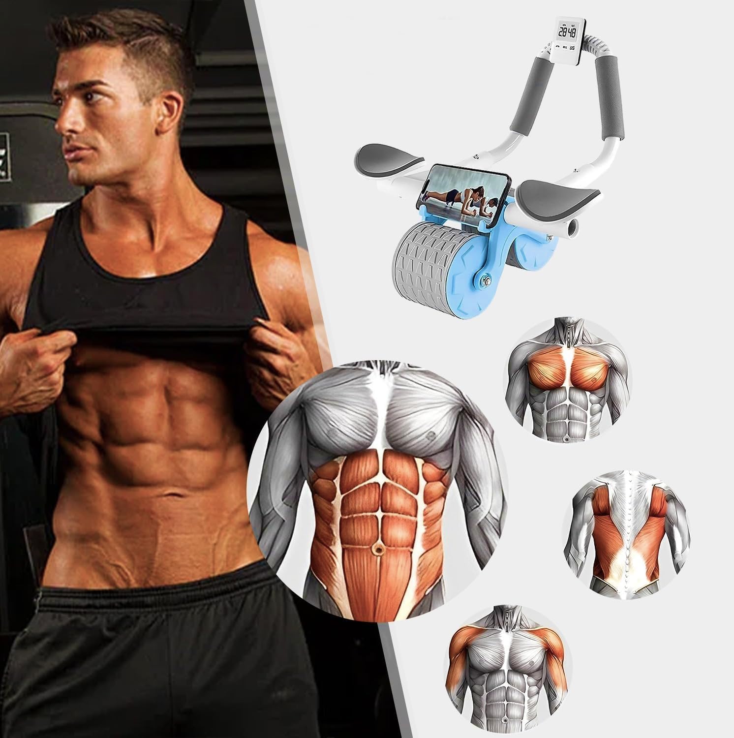 US1984 Abs Roller For Men-Abdominal Exercise Equipment For Home Gym-Ab Roller With Timer,Mobile Holder&Knee Pad-Exercise Wheels For Men&Women-Abs Workout Machine For Core Plank Workout (Blue) 2
