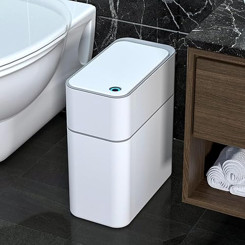 MOPALL Botes de basura pequeños para baño con tapas, cubo de basura de baño con sensor de movimiento, plástico impermeable estrecho de 3.5 galones,
