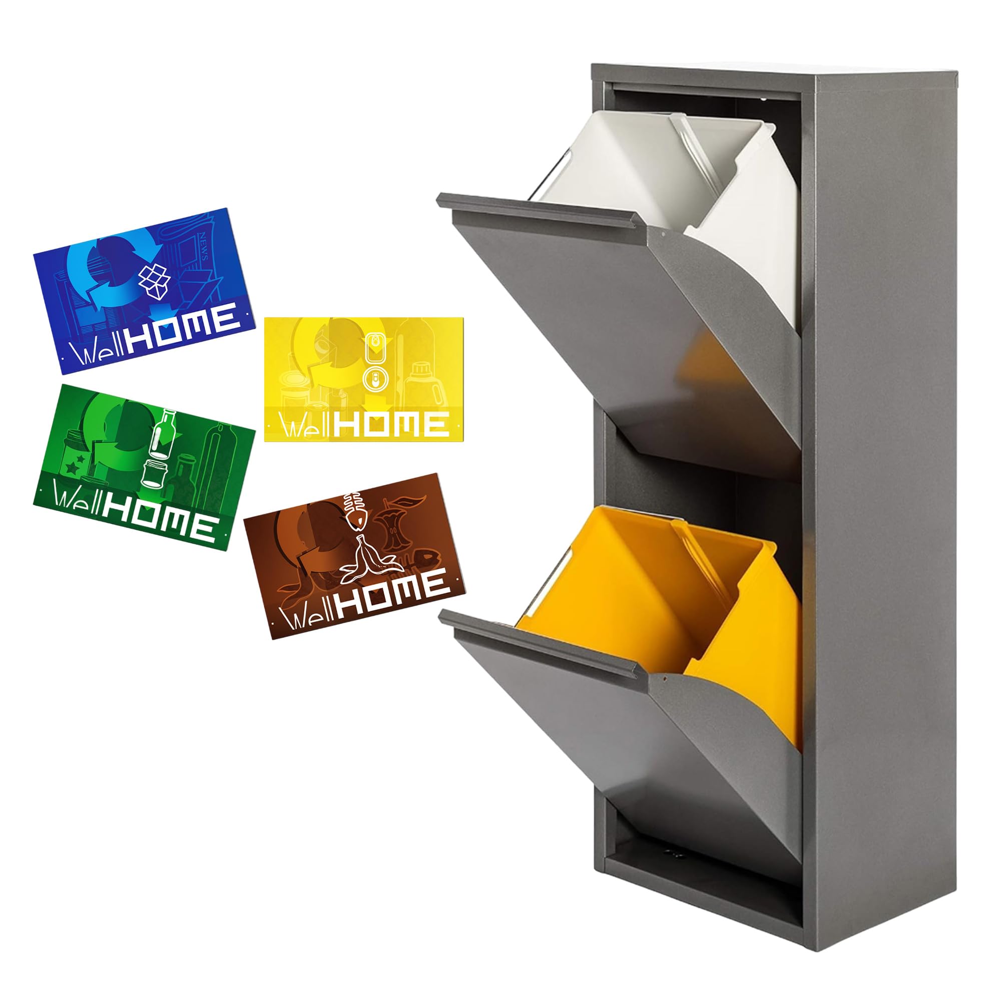 WELL HOME MOBILIARIO & DECORACIÓN Cubo de basura y reciclaje Metálico de 2 compartimentos + 4 etiquetas magnéticas, 2x17L (34L) Gris brillo