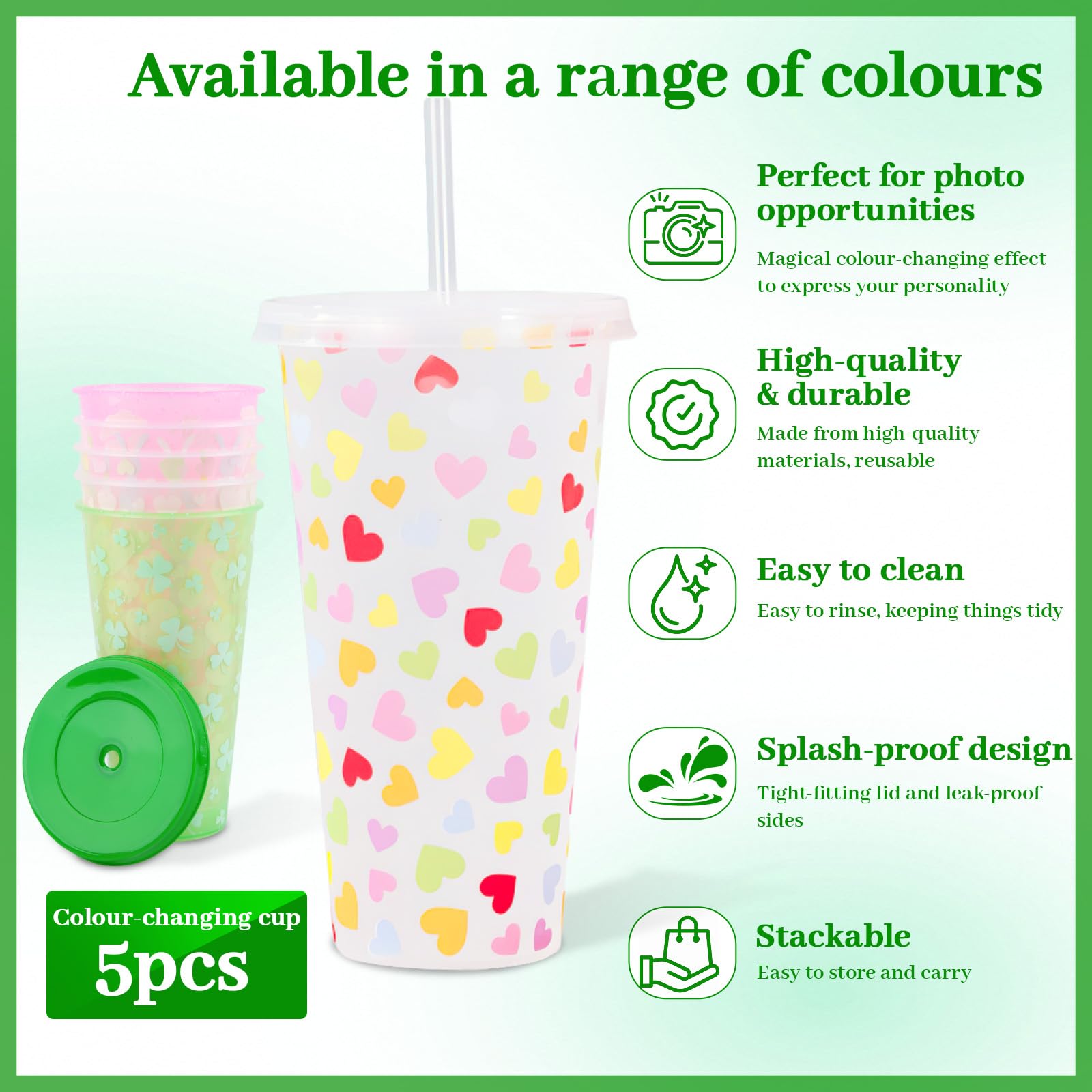 Bicchieri con Cannuccia Che Cambiano Colore, 720 Ml, Set da 5 Pezzi, con Coperchio e Cannuccia, Bicchieri Riutilizzabili e Lavabili per Milkshake, Bicchieri per Bevande da Festa