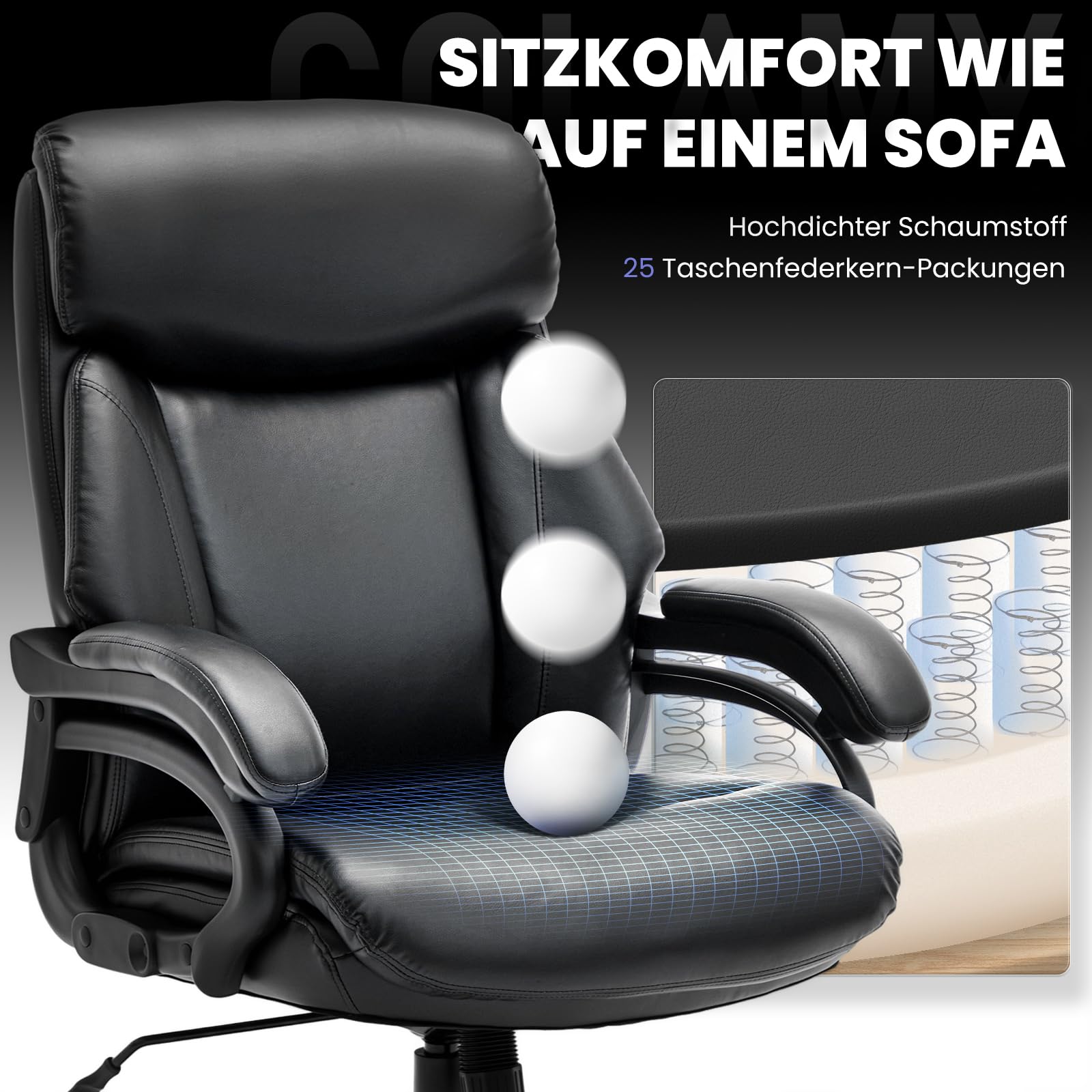COLAMY XXL Chefsessel[181kgs] - Hochlehner Bürostuhl Leder mit verstellbaren Armlehnen - Extra breiter Sitz (59cm) für Homeoffice und Büro, Schwarz