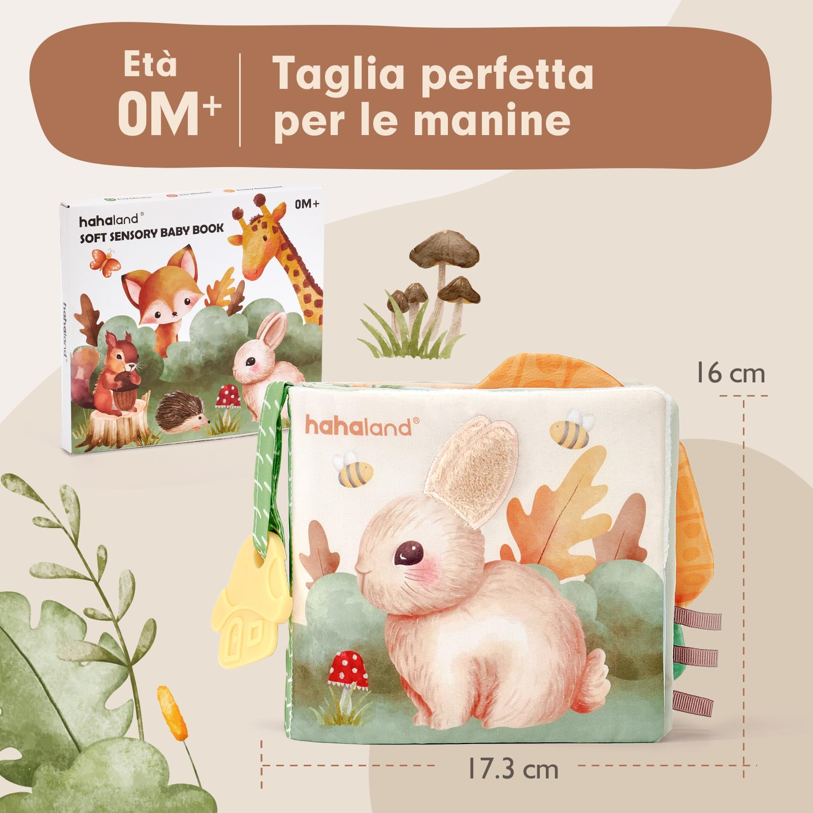 hahaland Libri di Stoffa Neonati 0-6 Mesi - Morbidi Animali Interattivi Libretto Tattile con Specchio - Giochi Sensoriali per Bimbo Bimba