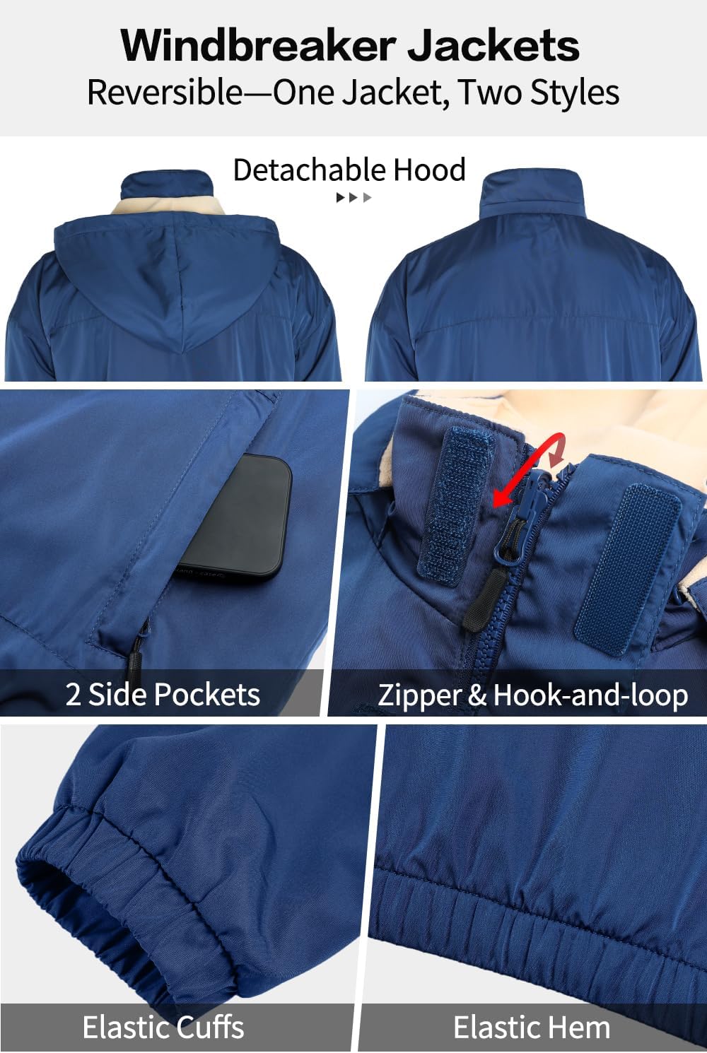 GINGTTO Mens Winter Jacket Softshell Fleece Lind with Detatchable Hood,Reversible Bomber Windbreaker for Men - Image 5