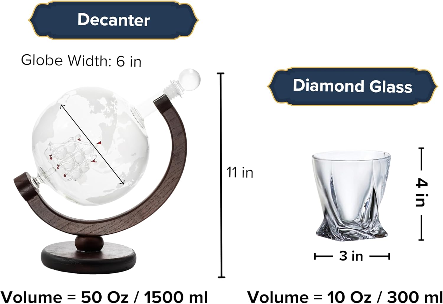 Large Globe Decanter Set – 50 Ounce Globe Design Whiskey Liquor Decanter with Wooden Stand, 2 Diamond Glasses, and Funnel – Elegant Liquor Dispenser for Home Bars