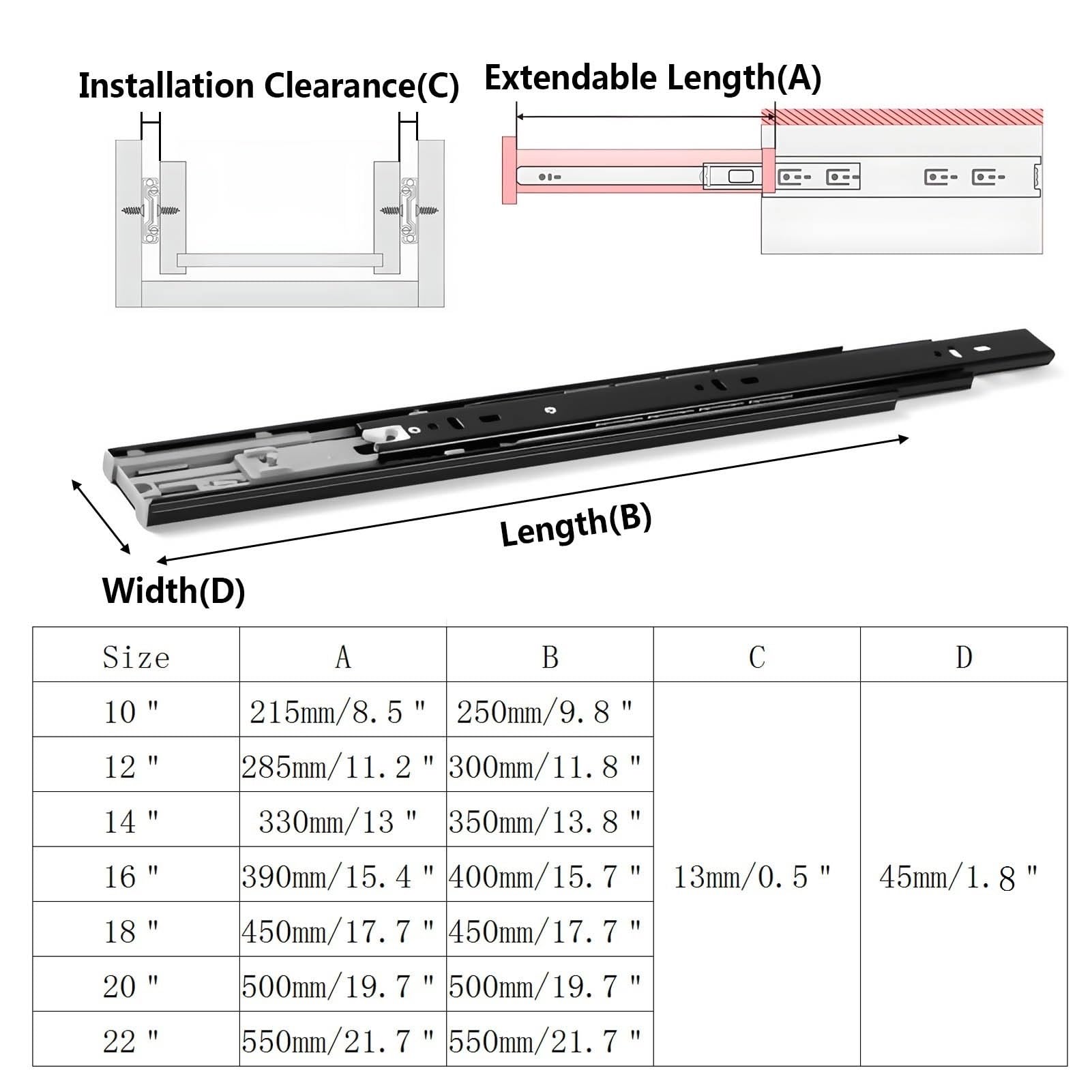 Guide for Cassetti for Carichi Pesanti, Binari for Armadi con Chiusura Ammortizzata 300/500 mm, Cuscinetti a Sfere a Estrazione Totale, Capacità 35 kg, 1 Paio(16in (400mm))