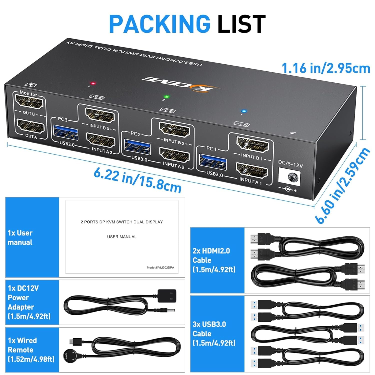 KVM Switch 2 Monitore 3 PC HDMI, KCEVE 4K@60Hz Dual Monitor USB 3.0 KVM Umschalter mit EDID Emulator, unterstützt Kopieren und erweiterte Anzeige, für 3 Computer teilen sich 2 Displays