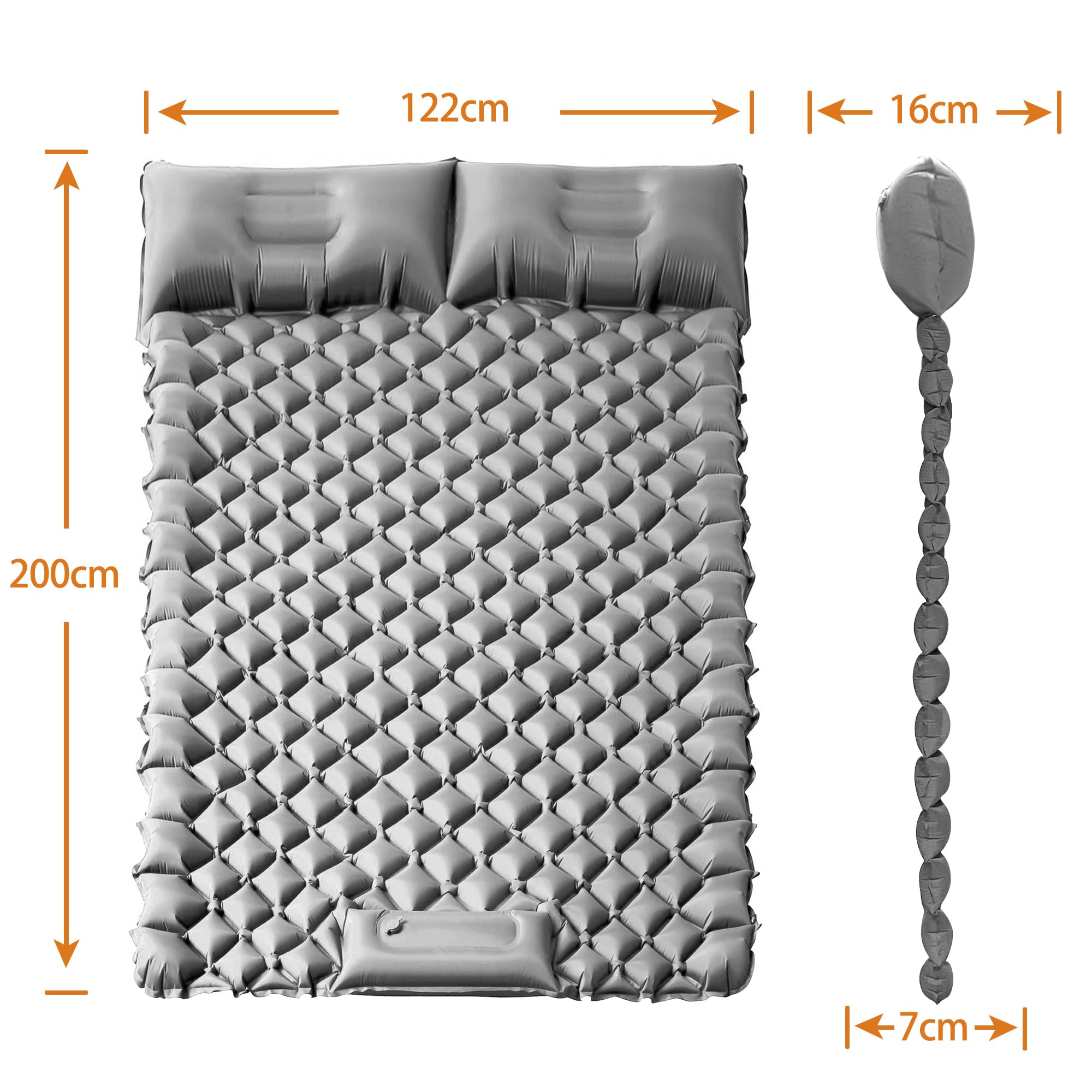 ONTYZZ Double Ultralight Inflatable Sleeping Mat 2 Person Camping Sleeping Pad Waterproof Sleeping Pad Built-in Foot Pump for Camping, Grey