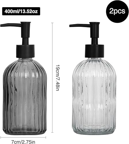 Miniatura 2 de Dispensador de jabón de vidrio de 13.5 onzas con bomba de plástico negro, dispensador de jabón de manos con diseño de rayas verticales para lavar