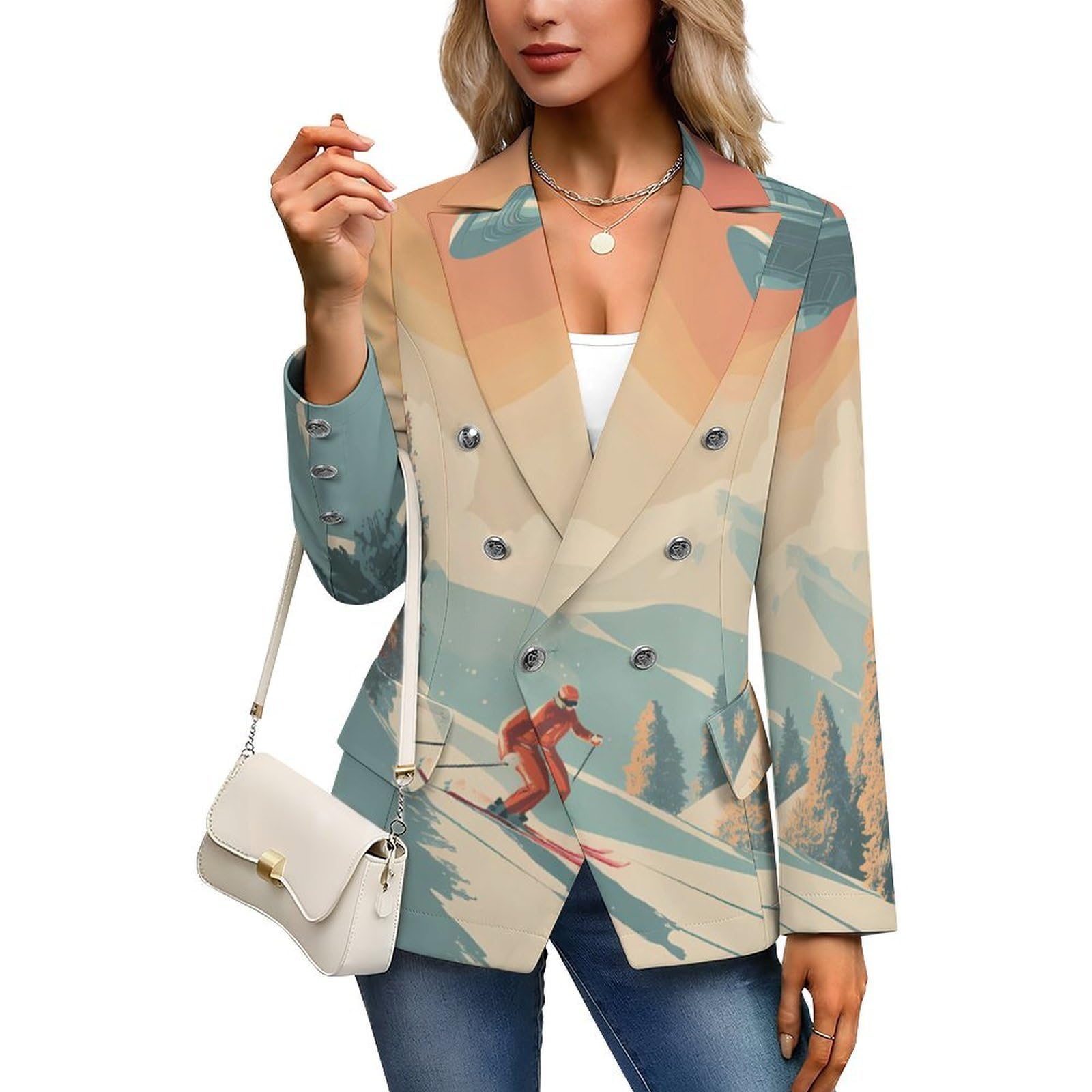 A Skier with Aliens Blazer da donna con risvolto giacca elegante cappotto per abbigliamento formale casual