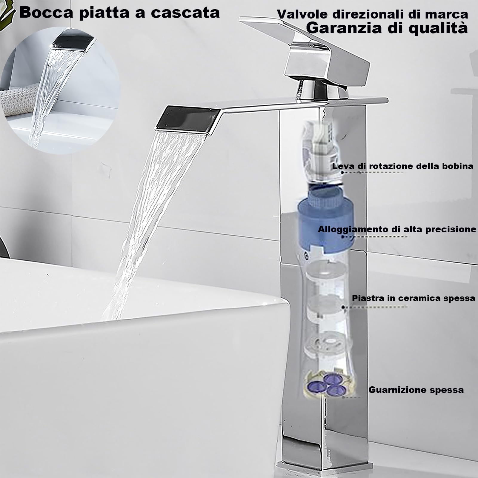 XWIHTR Rubinetto a cascata per bagno, rubinetto per lavabo a una maniglia, risparmio idrico, rubinetto per lavabo, bocca calda e fredda, rubinetto per bagno in acciaio inox e ottone(cromo-h)