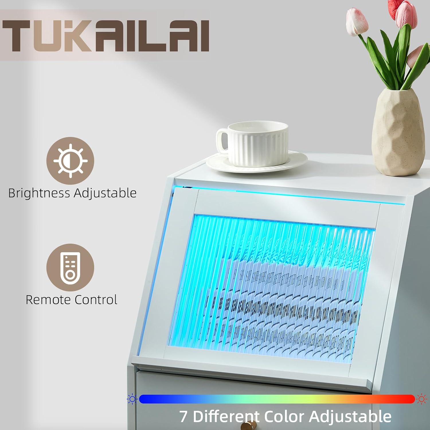 TUKAILAi Modern Nightstands with LED Lights, Bedside Table with Fluted Glass Door & Drawer Storage, Painted Wooden Side End Table for Bedroom (White)