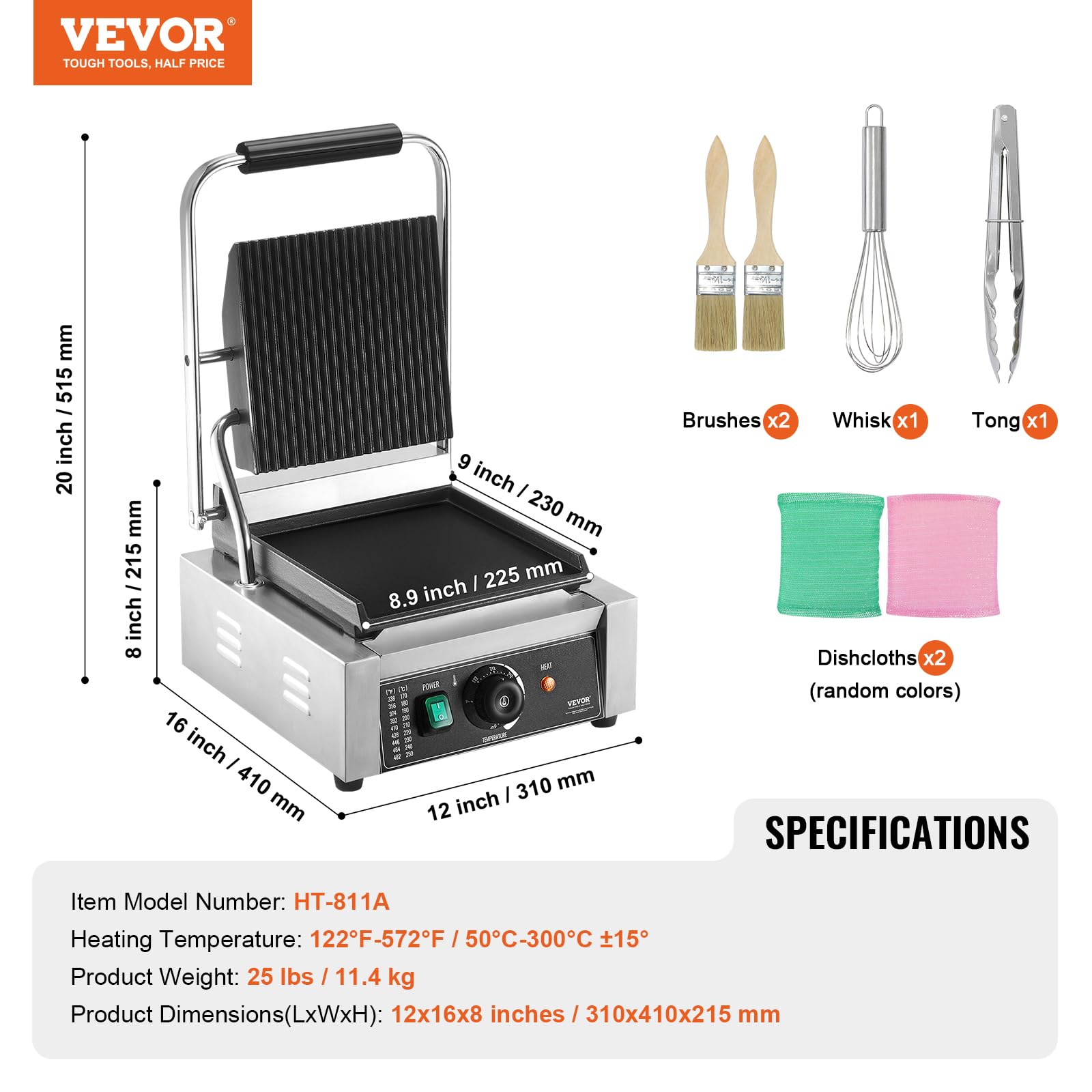 VEVOR Parrilla Comercial Eléctrica para Panini para Hacer Sándwiches y Panini, Acero Inoxidable, con Control de Temperatura y Placa Plana Esmaltada, para Hamburguesas y Tocino, 310 x 410 x 215 mm