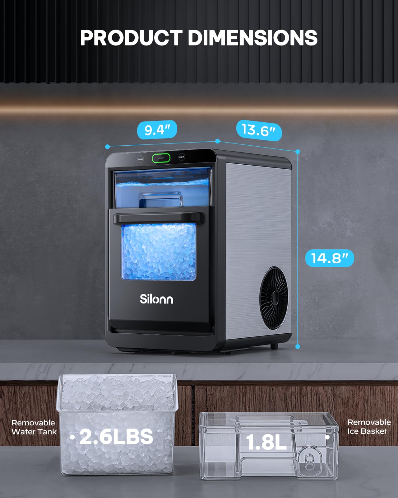 Silonn Nugget Ice Maker Countertop - 44lbs/24h Crushed/Pebble Ice Machine, Front Pull-Out Water Tank & Removable Basket, Stainless Steel Finish for Home Kitchen view 7