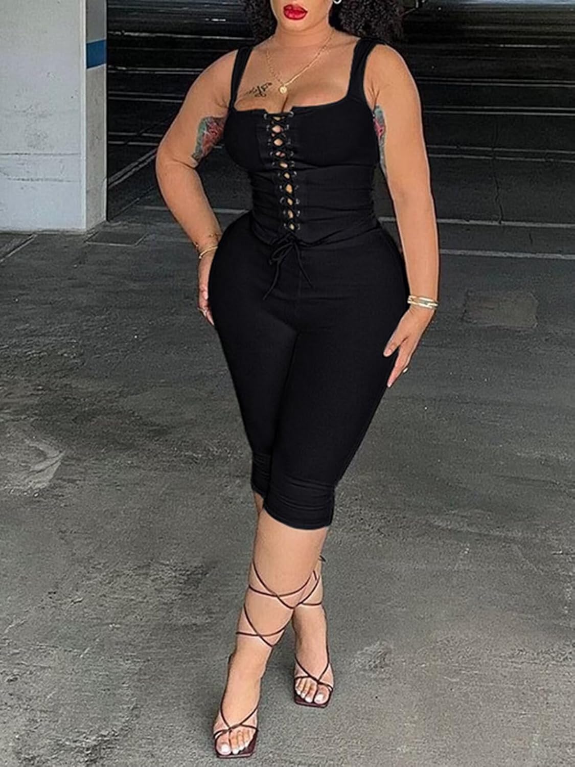 Uni Clau 2 Piece Sets for Women Ribbed Knit Sleeveless Hollow Tie Down Tank Top and Capri Legging Bodycon Set Jumpsuits - Image 5