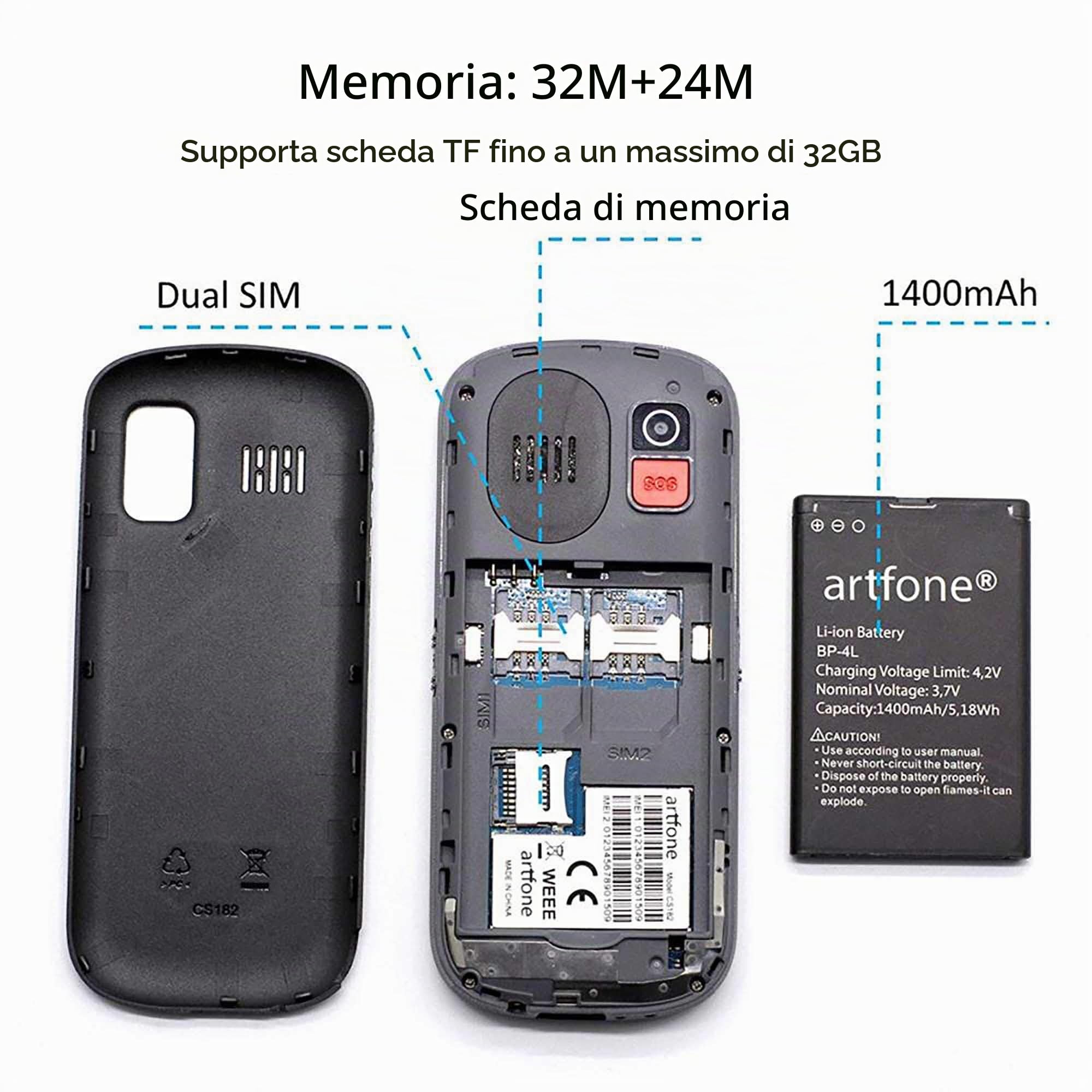 ARTFONE CS182 Telefono Anziani Tasti Grandi | Base ricarica | Funzione SOS