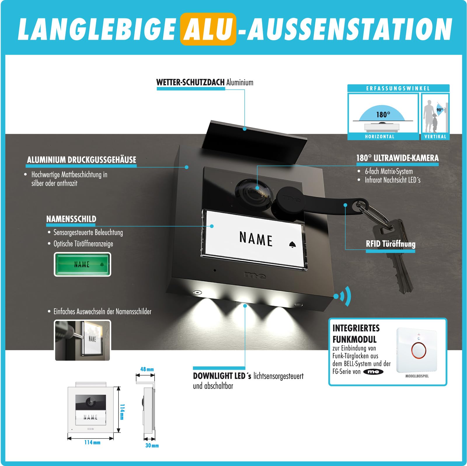 m-e iP Video-Türsprechanlage RFID anthrazit/weiß | Aluminium Außenstation für 1-Familienhaus | 7“ Innenstation | Türklingel mit Kamera | Freisprechanlage Video Sprechanlage Einfamilienhaus 4-Draht