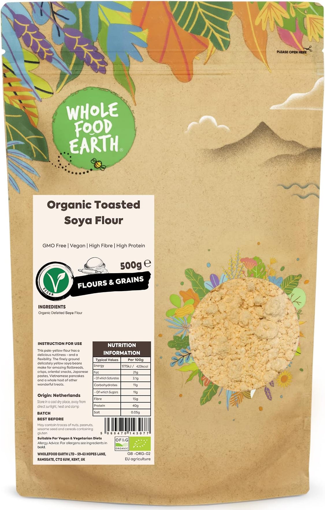 Wholefood Earth Organic Toasted SOYA Flour โ 500 g | GMO Free | Vegan | High Fibre | High Protein | Certified Organic