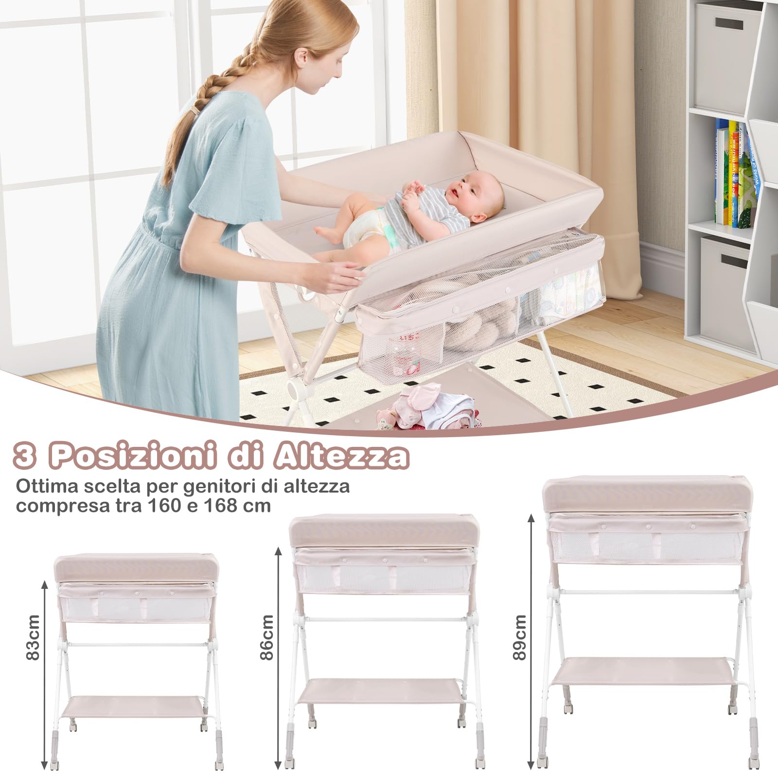 COSTWAY Fasciatoio Pieghevole per Bambini, Altezza Regolabile 3 Livelli, Ruote Bloccabili, Beige