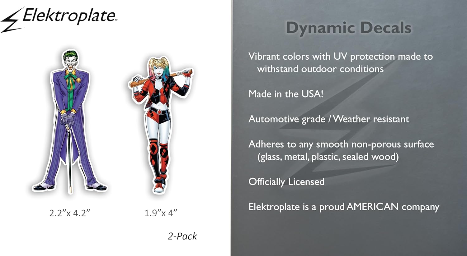 Elektroplate Officially Licensed DC Comics The Joker and Harley Quinn Dynamic Decals | Premium Auto-Grade Weatherproof Vinyl Stickers for Car, Water Bottle, Phone & More| Made in The USA | Set of 2 - Image 3