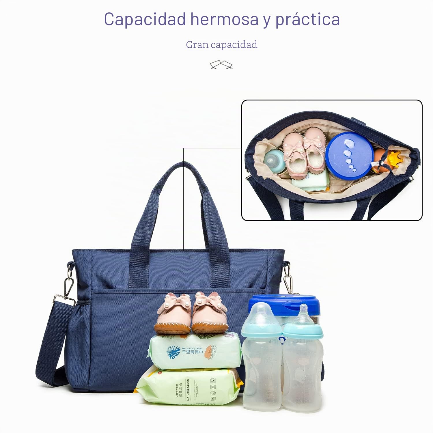 ROYALFAIR bolsa para pañales, bolso cambiador, bolsa de viaje multifuncional para bebé con bolsa isotérmica y clip para cochecito.（Azul marino）