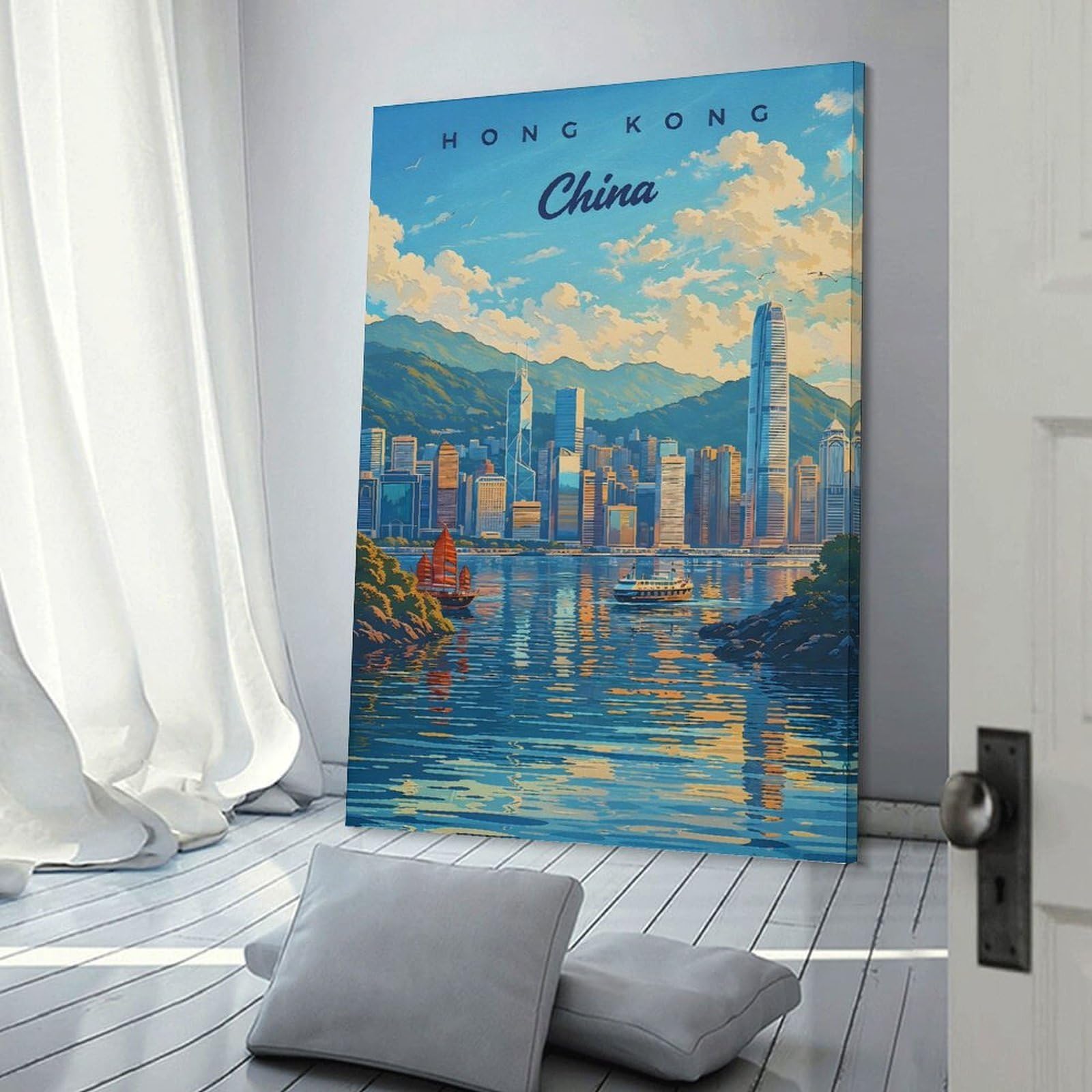Junmoney Hong Kong Skyline Painting Room Decor Wall Art 24x36inch(60x90cm), for Bedroom Walls, Guest Spaces Or Lounges, An Easy Wall Refresh for Bedrooms