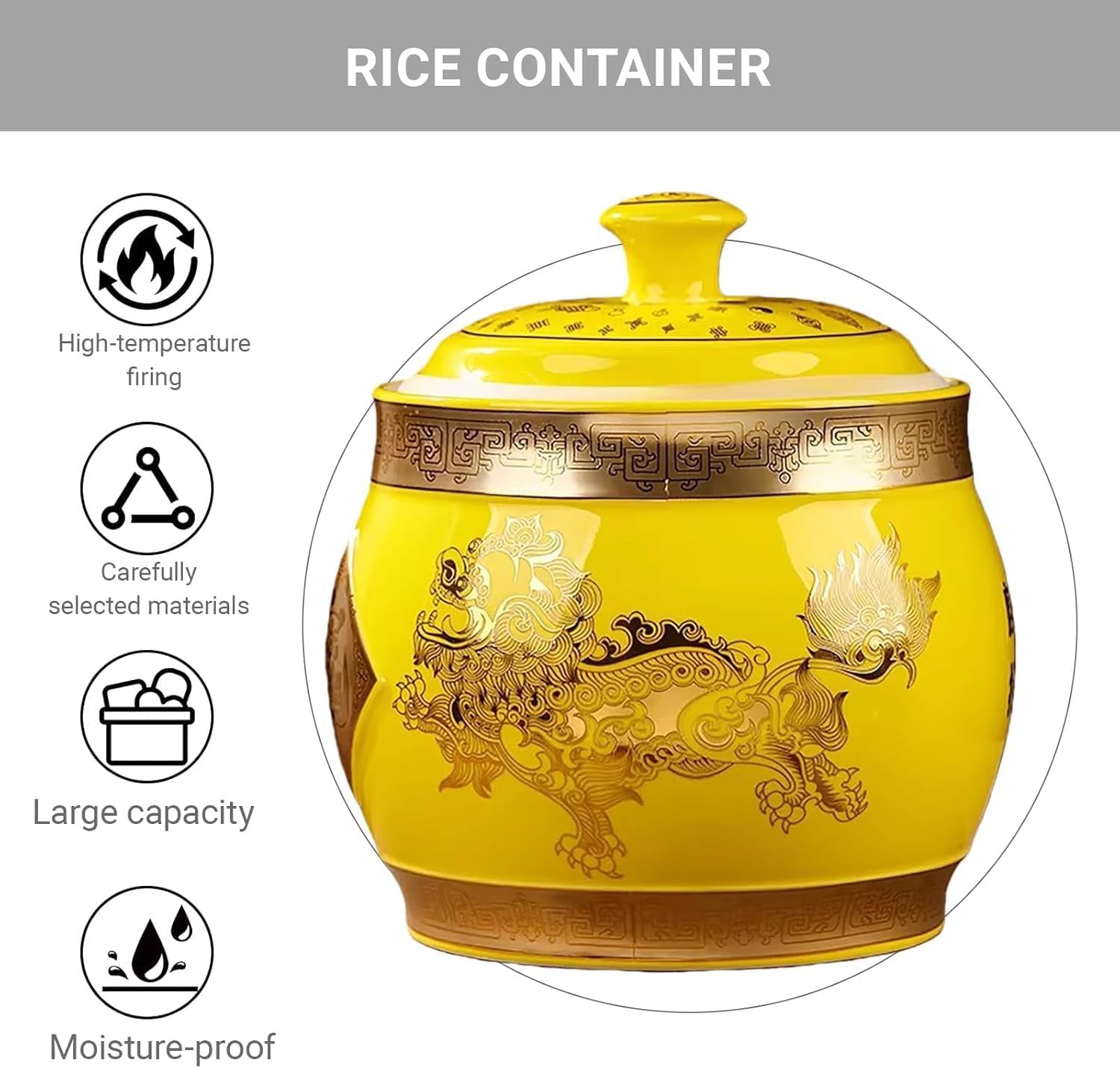 ELEFOCUS Food Dispensers,Ceramic Rice Container, High-temperature fired, portable handle with silicone seal,and hand-carved details(Yellow,5KG)