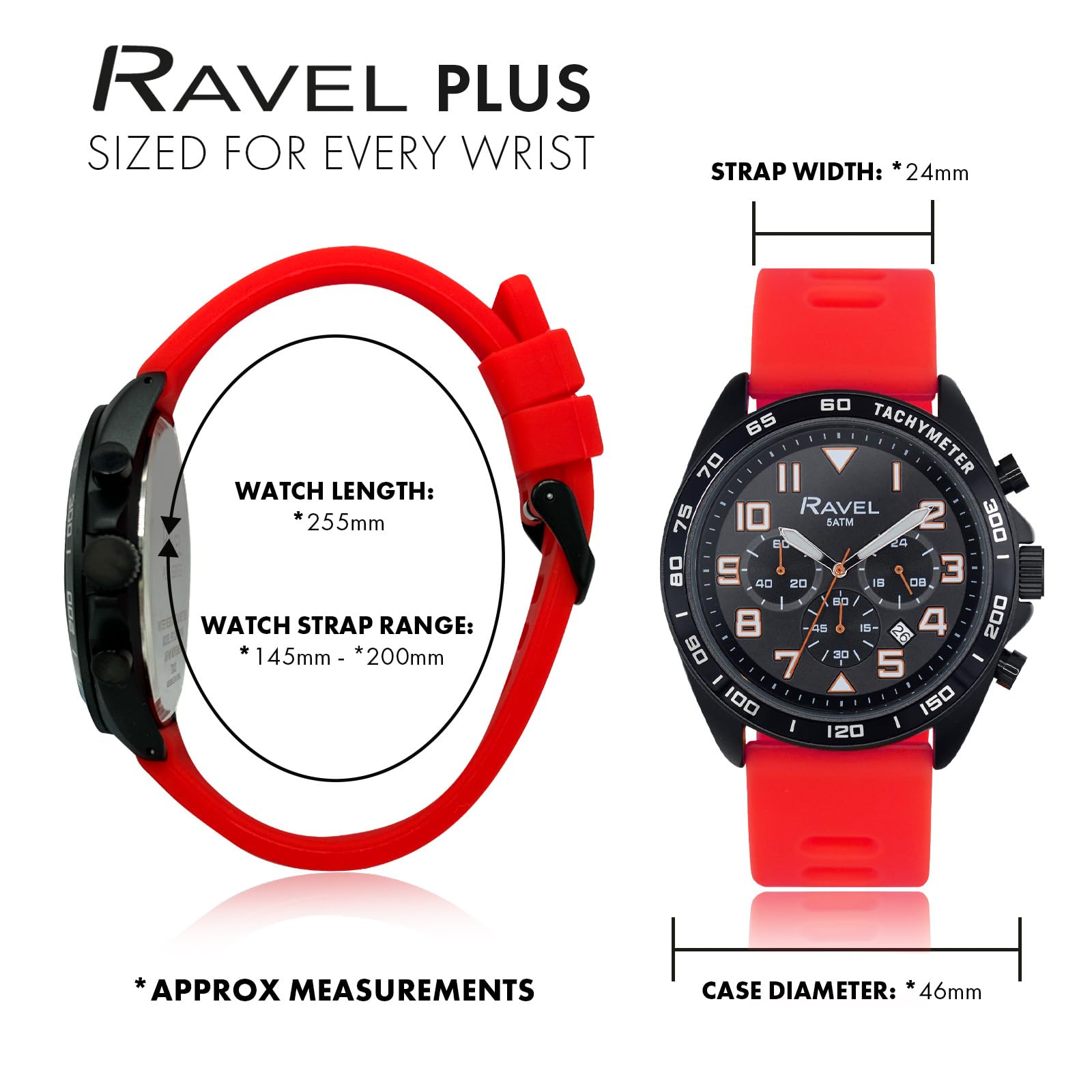 Ravel Plus - Montre de Sport pour Hommes (46 mm) Chronographe Noir, Bracelet en Silicone - Quartz Analogique Japonais - RP.CHR.01-04M