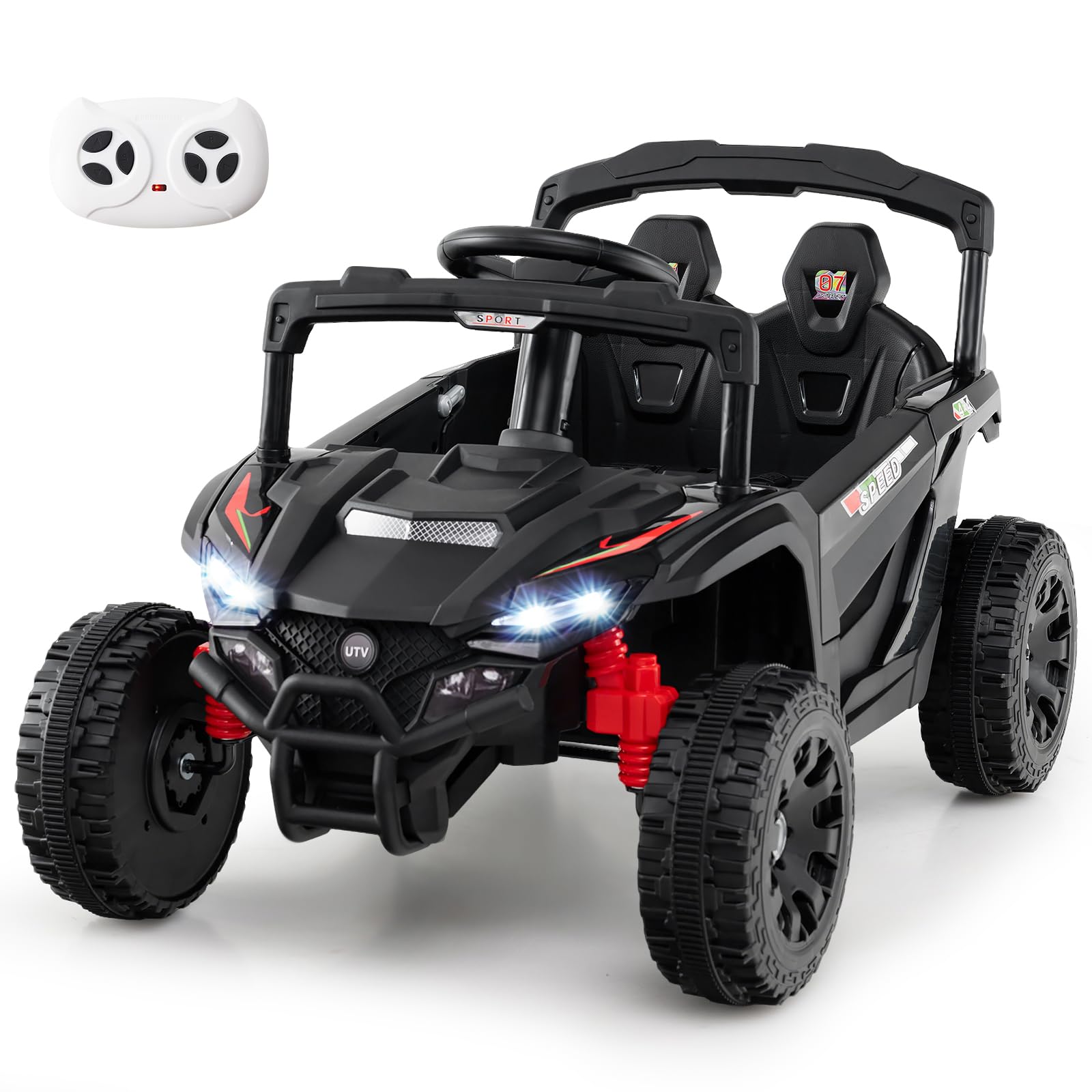 GOPLUS Voiture Electrique Enfants 2 Place avec Télécommande, Quad 4x4 Electrique Enfants 12V avec Démarrage Lent, Musique, Klaxon et Phares pour Enfants de 3+ Ans, Charge 30KG (Noir)