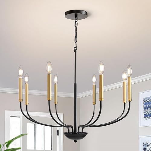 Gris Modern Farmhouse Chandelier for Dining Room, 8-Light Dining Room Light Fixture Black and Gold Candle Chandeliers Rustic Industrial Chandelier for Kitchen Bedroom Living Room Entryway Foyer