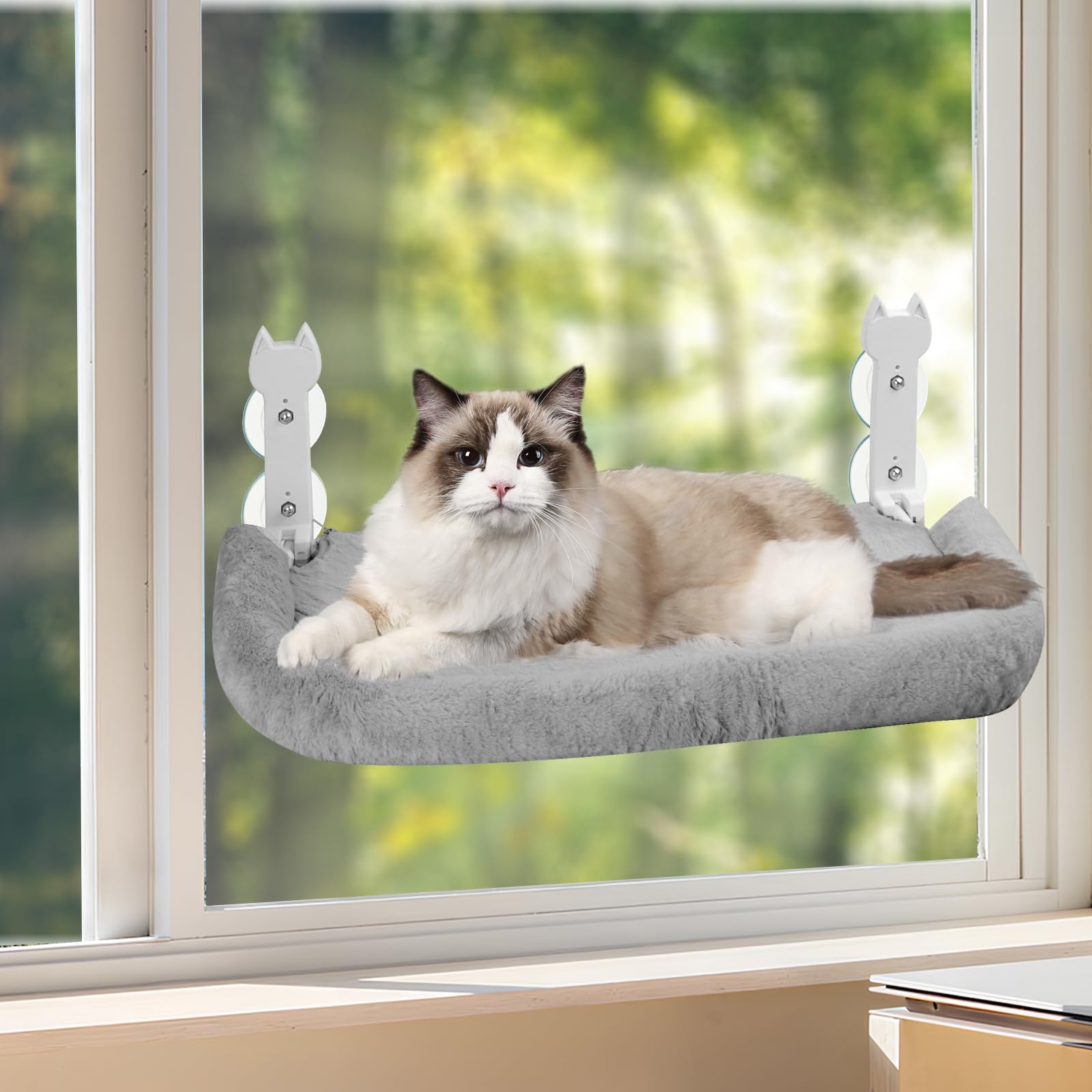 Hamaca para gatos, 60 x 30 cm, plegable con ventosas, cojín de felpa lavable, soporta hasta 25 kg, color gris