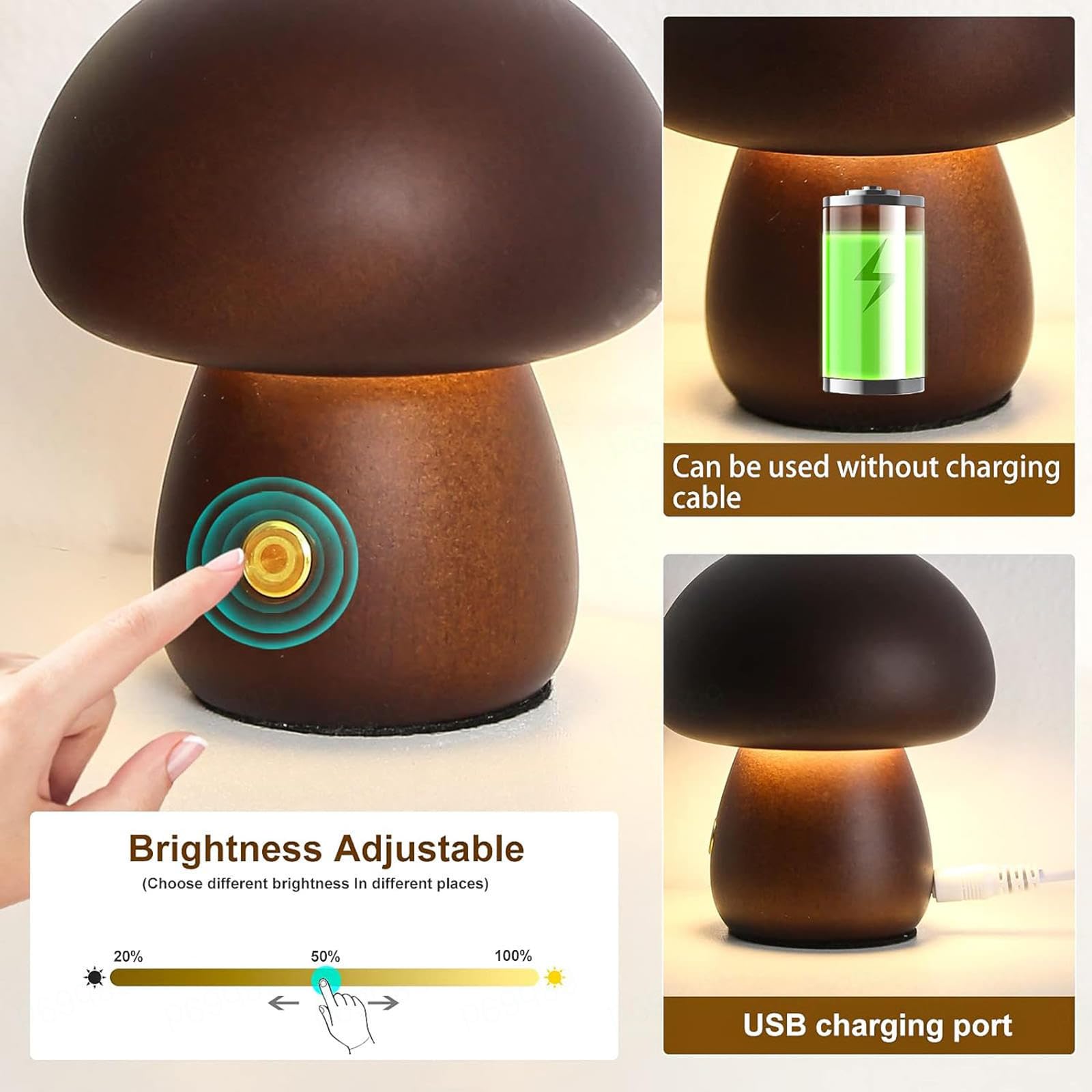 HAZARA Lámpara Forma Seta Madera Regulable Portátil con Carga USB, Lampara Escritorio Inalámbrica de LED Mini, Lampara Quitamiedos Infantil para Regalos Únicos de Vacaciones,Beech-A