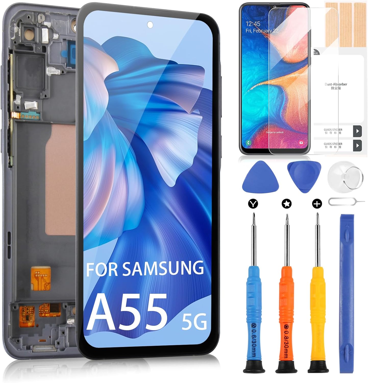 for Samsung Galaxy A55 5G Screen Replacement - for Samsung A55 5G LCD Display Touch Screen for Galaxy A556V SM-A556B/DS SM-A556E LCD Digitizer Glass Assembly Kits (with Frame, No Fingerprint)