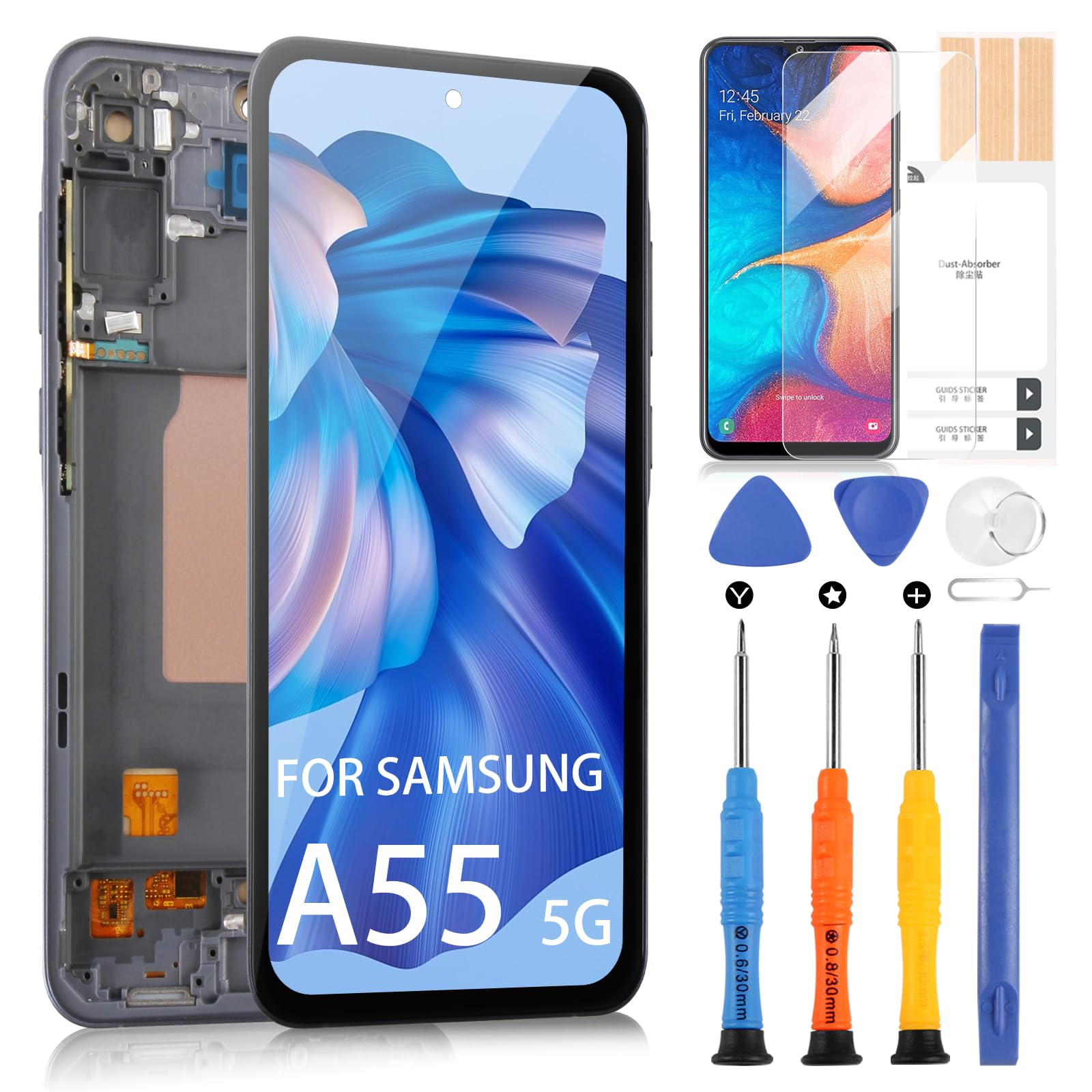 for Samsung Galaxy A55 5G Screen Replacement - for Samsung A55 5G LCD Display Touch Screen for Galaxy A556V SM-A556B/DS SM-A556E LCD Digitizer Glass Assembly Kits (with Frame, No Fingerprint)