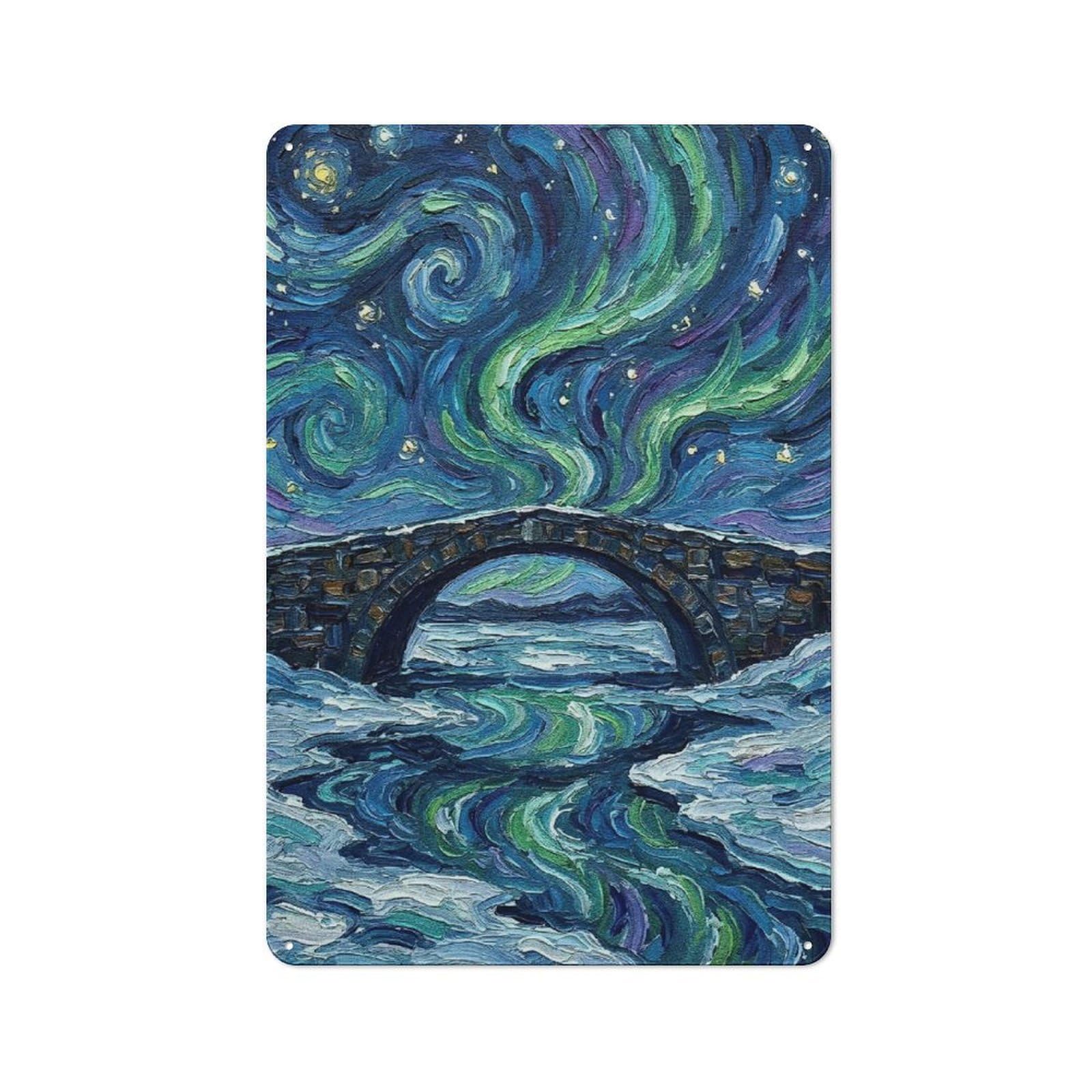 Junmoney Style-17 Vintage Metal Plaque 30X20cm Featuring Aurora Borealis Over Stone Bridge Painting, Diner Style Decor For Restaurant, Kitchen, Counter Or Breakfast Nook