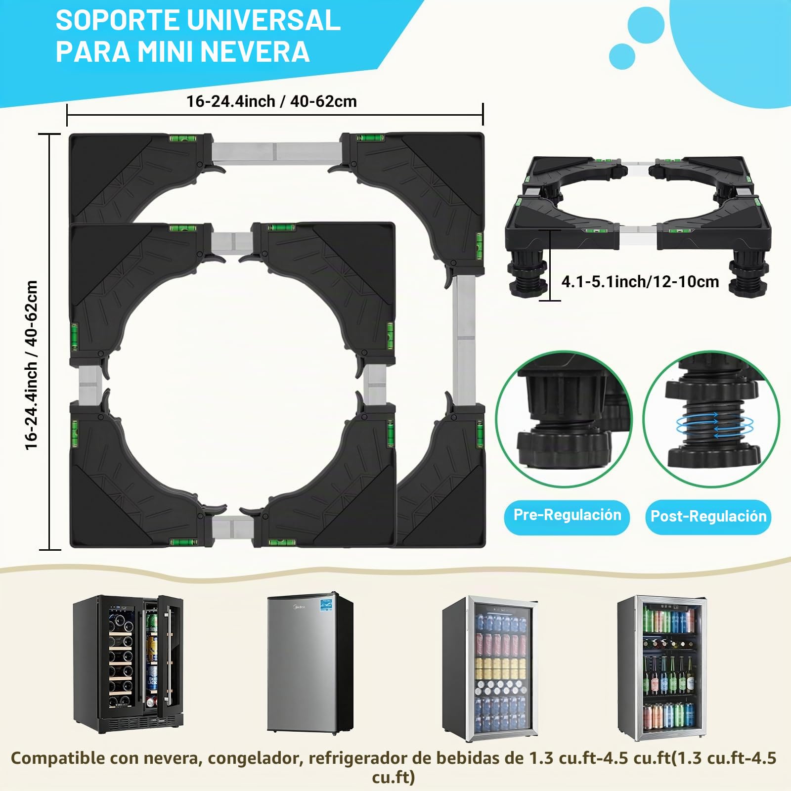 Nefish Mini soporte universal para nevera, base ajustable para refrigerador con 4 pies fuertes, base multifuncional para secadora (negro)