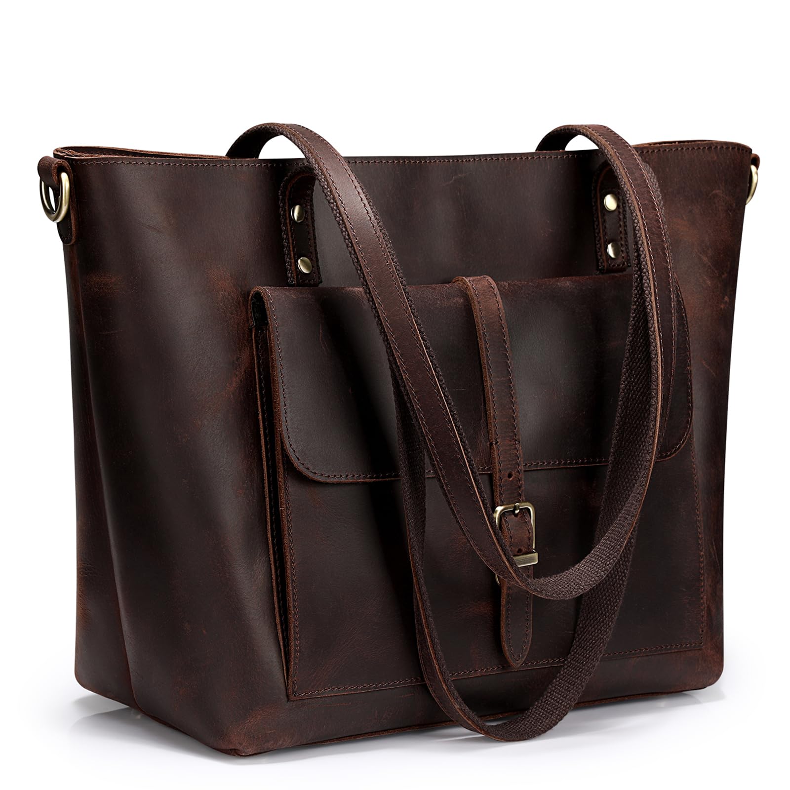 S-ZONE Damen Schultertasche Vintage Echtes Leder Groß Shopper Handtasche Henkeltasche Laptoptasche Arbeit Schule Einkaufen Reise