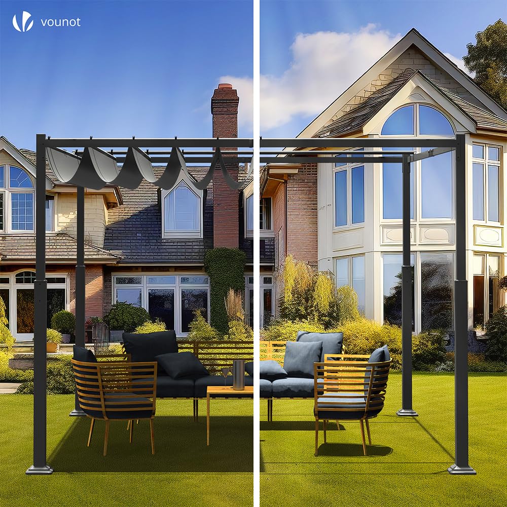 VOUNOT® Pergola Retrattile Scorrevole 3x3m, Gazebo da Giardino con Telo in Poliestere 180g/m², Tenda da Sole per Terrazza Esterno, Struttura in Metallo Resistente, Grigio Scuro