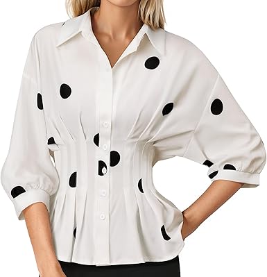 Women Pleated Peplum Blouse 3/4 Sleeve Button Down Cinched Waist Shirt Fitted Flattering Office Daytime Top