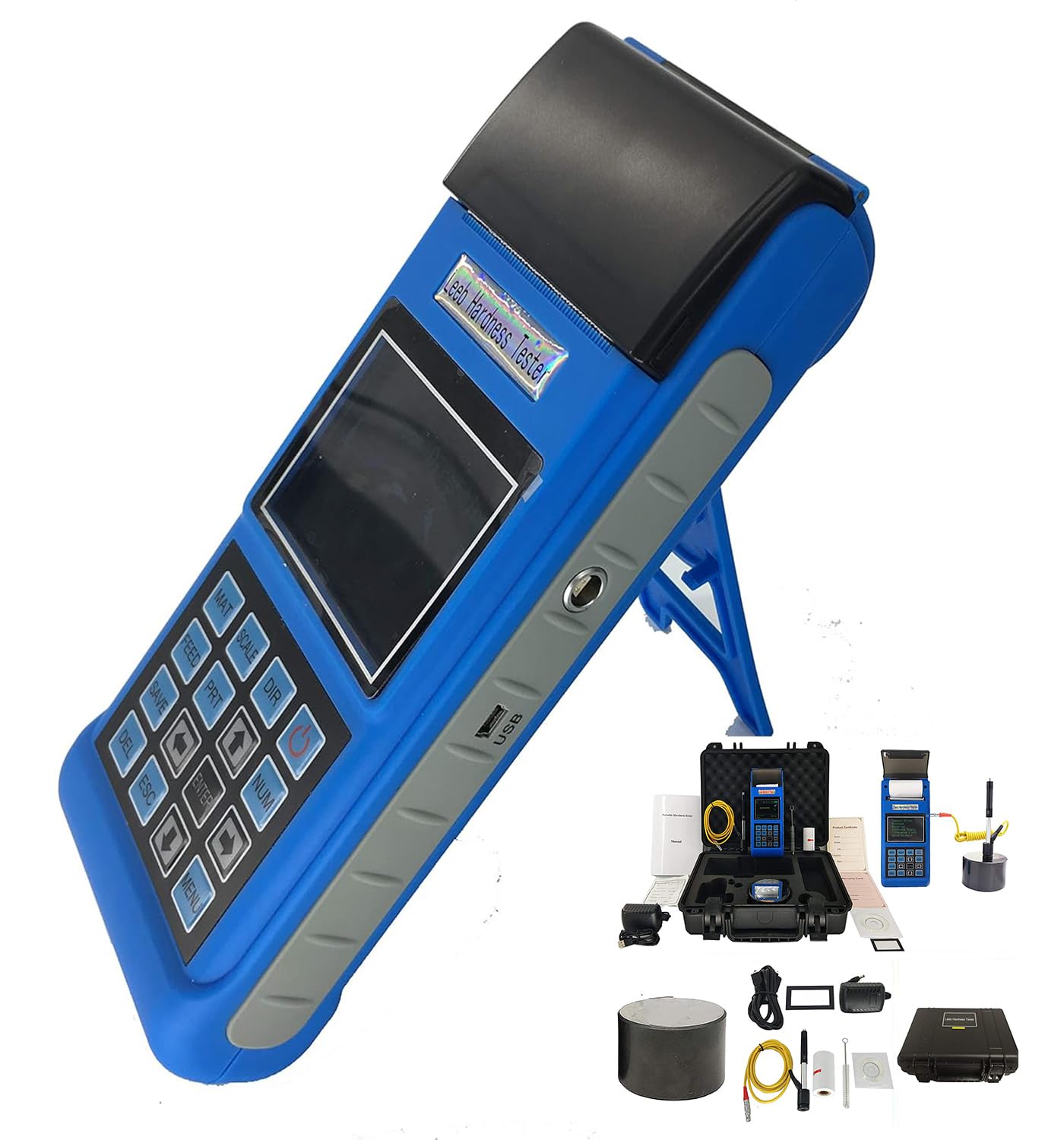 Leeb Hardness Tester Durometer Testing Equipment Digital Rebound Hardness Tester with HLD HRC HB HV HS HRA HRB Built in Thermal Printer Function Interface Port USB